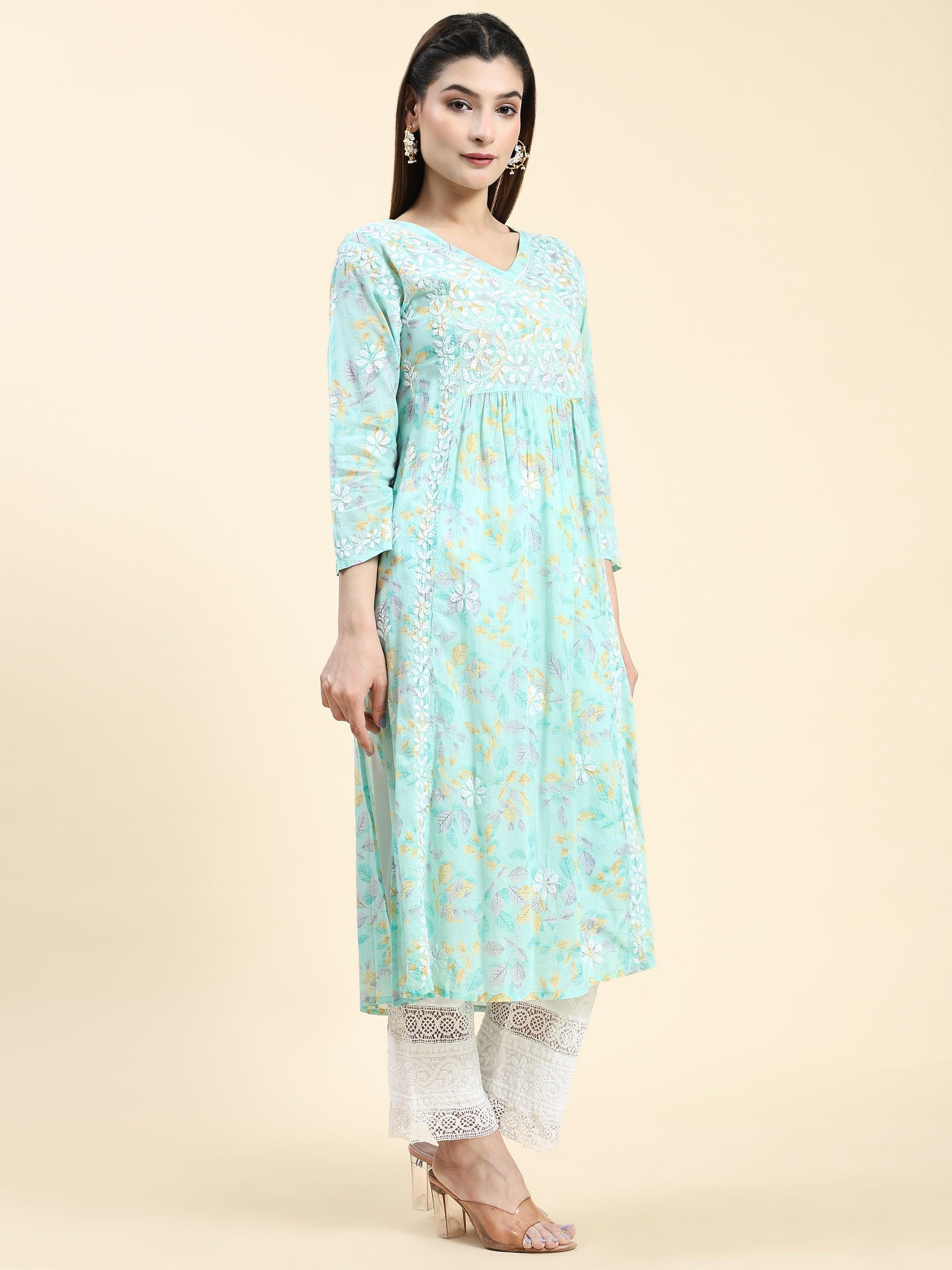 Samma Chikankari Long Kurta in Mul Cotton for Women-Sea Green - House Of Kari (Chikankari Clothing)