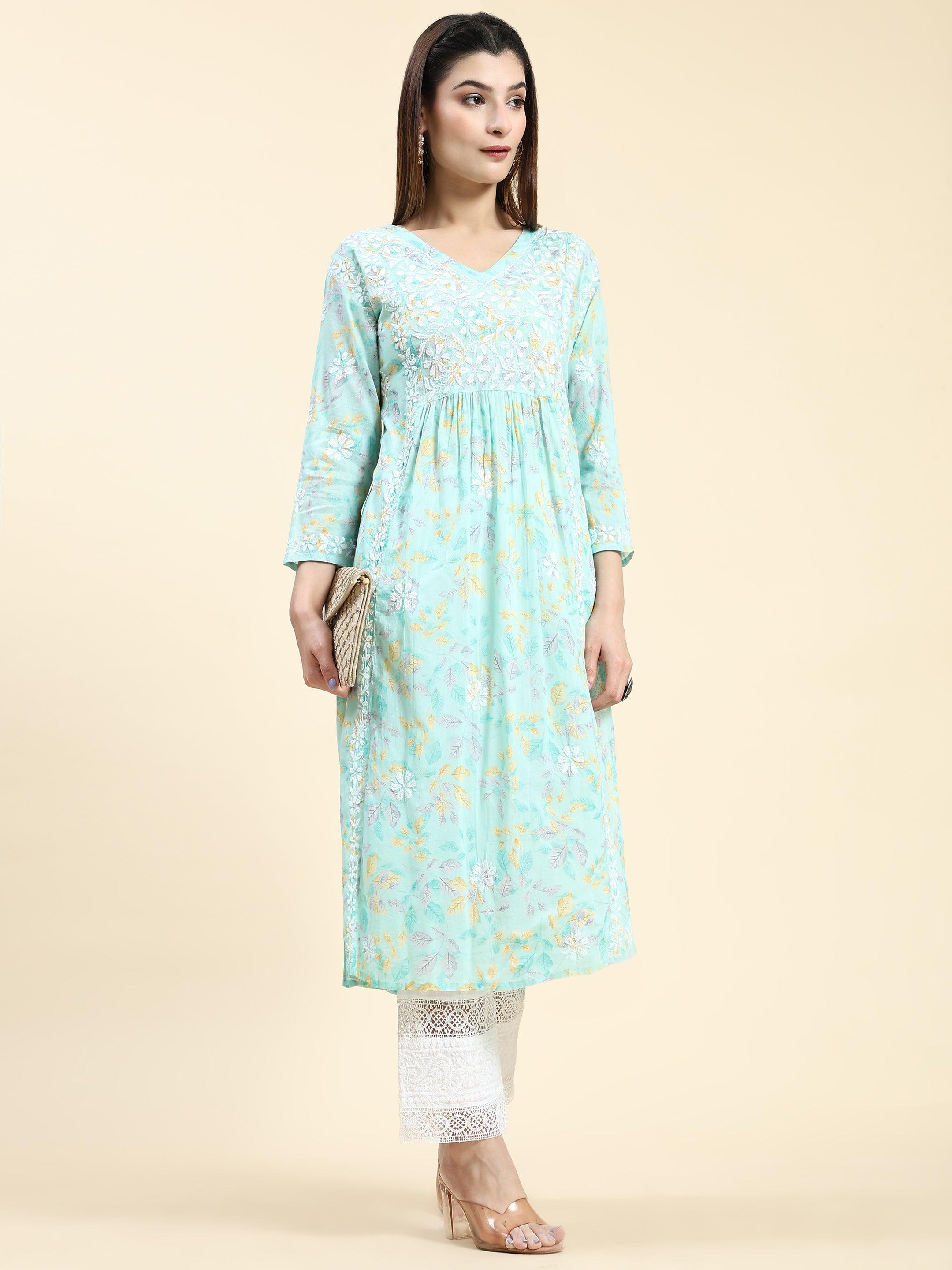 Samma Chikankari Long Kurta in Mul Cotton for Women-Sea Green - House Of Kari (Chikankari Clothing)