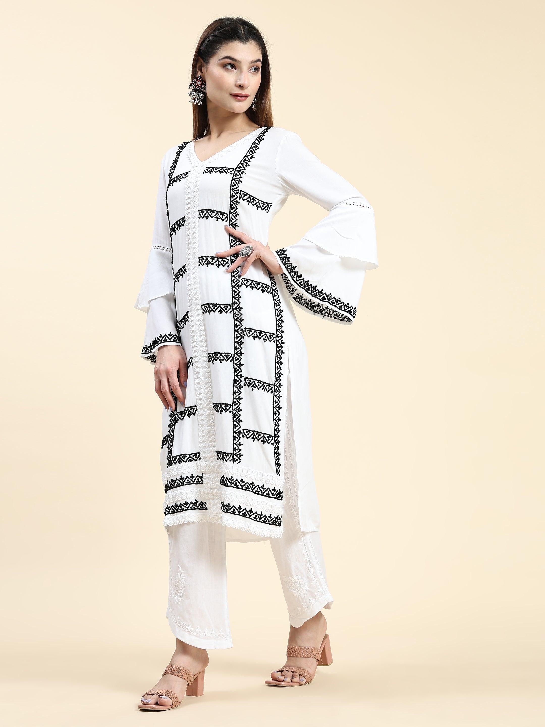 Simran in Samma Chikankari Long Kurta in Rayon Cotton for Women- White With Black - House Of Kari (Chikankari Clothing)