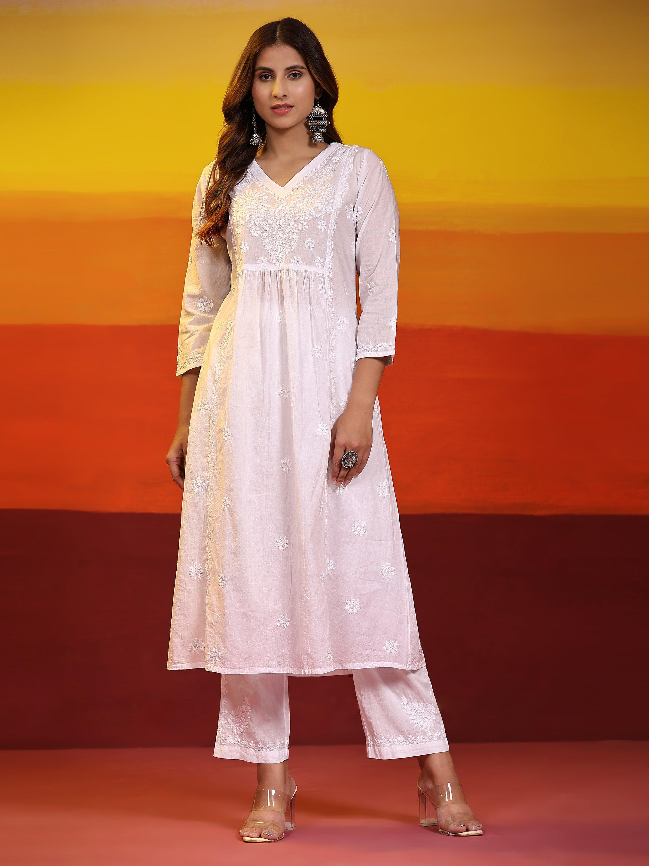 Samma Chikankari Long Kurta V-Neck Cotton for Women- White - House Of Kari (Chikankari Clothing)