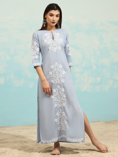 Mehak Bakshi in Chikankari Long Kurti In Cotton for Women- Blue with White - House Of Kari (Chikankari Clothing)
