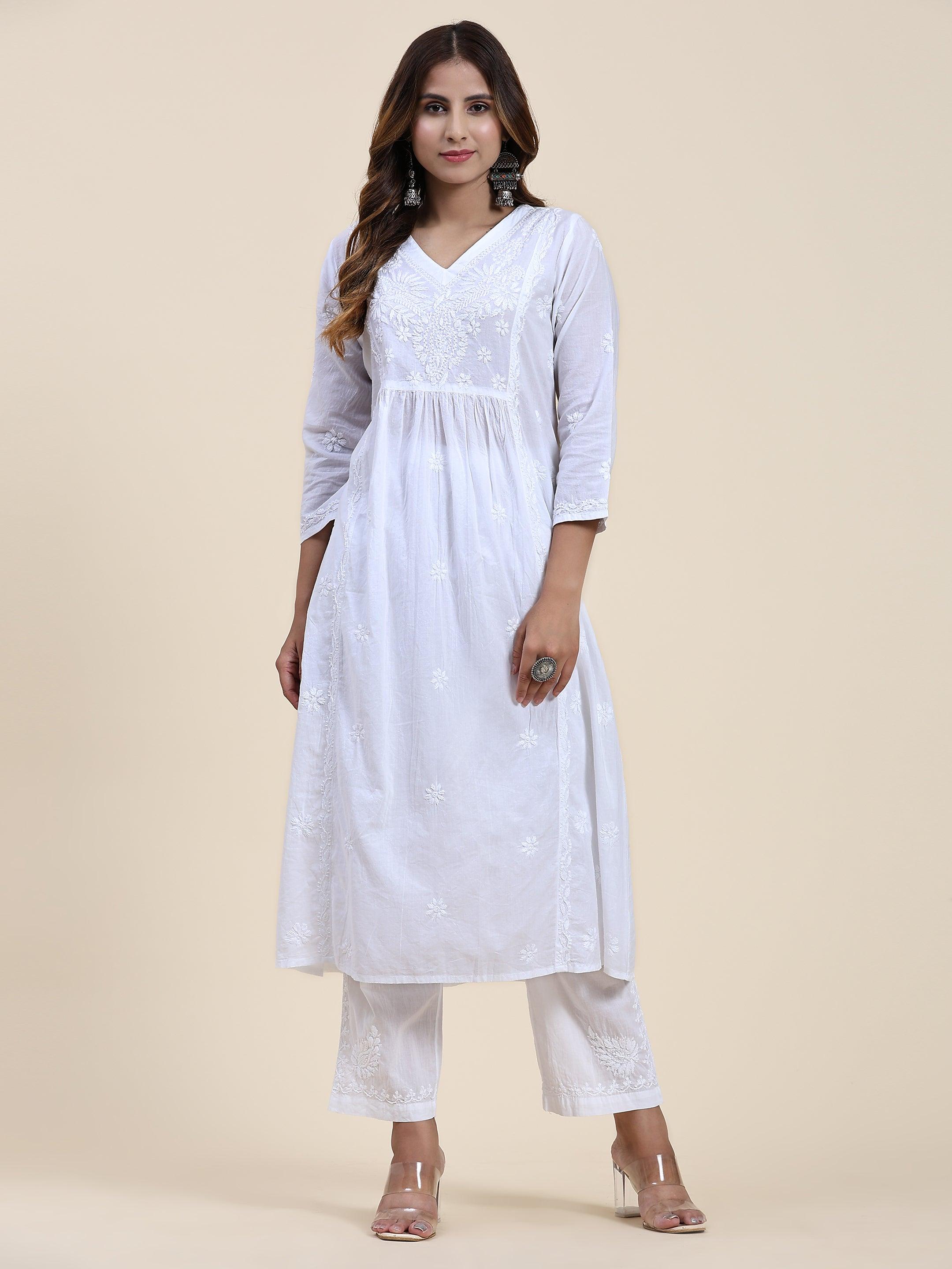 Samma Chikankari Long Kurta V-Neck Cotton for Women- White - House Of Kari (Chikankari Clothing)