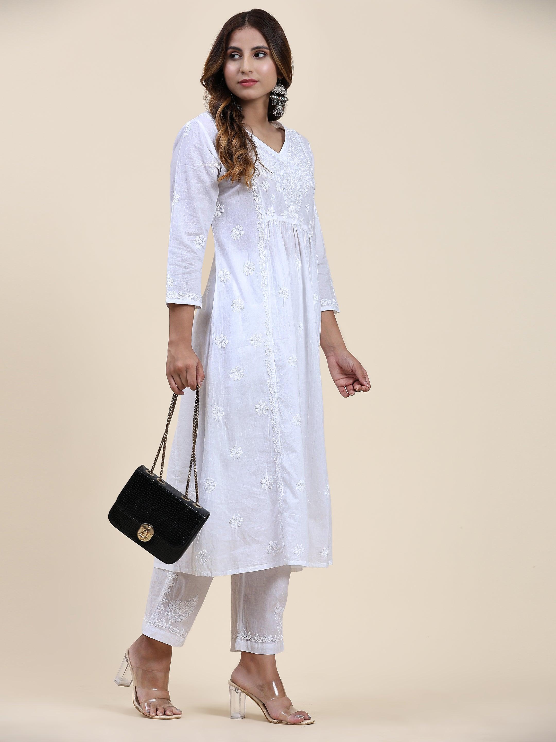 Samma Chikankari Long Kurta V-Neck Cotton for Women- White - House Of Kari (Chikankari Clothing)