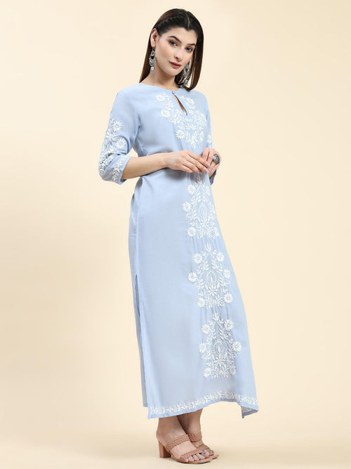 Mehak Bakshi in Chikankari Long Kurti In Cotton for Women- Blue with White - House Of Kari (Chikankari Clothing)