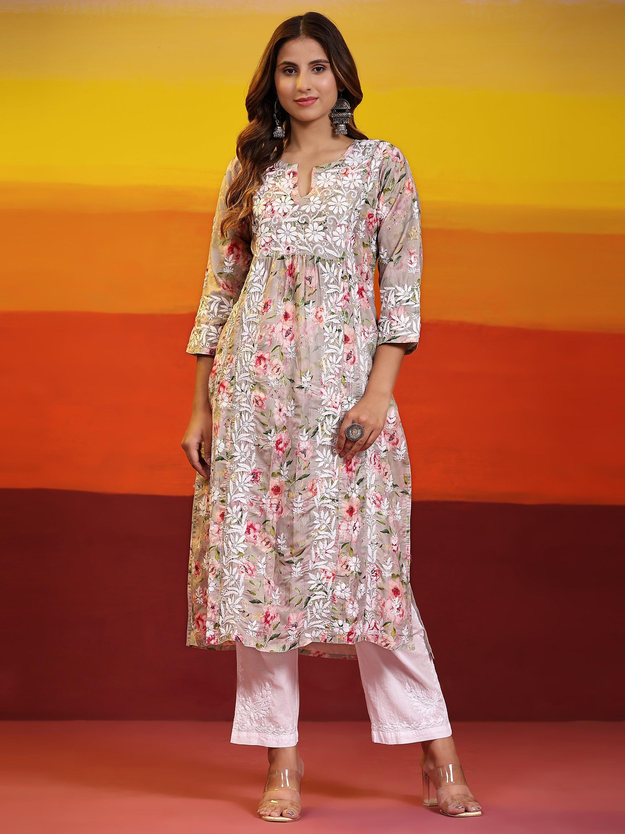 Urmi in Fizaa Chikankari Long Kurta in Muslin Cotton for Women- Grey Print - House Of Kari (Chikankari Clothing)