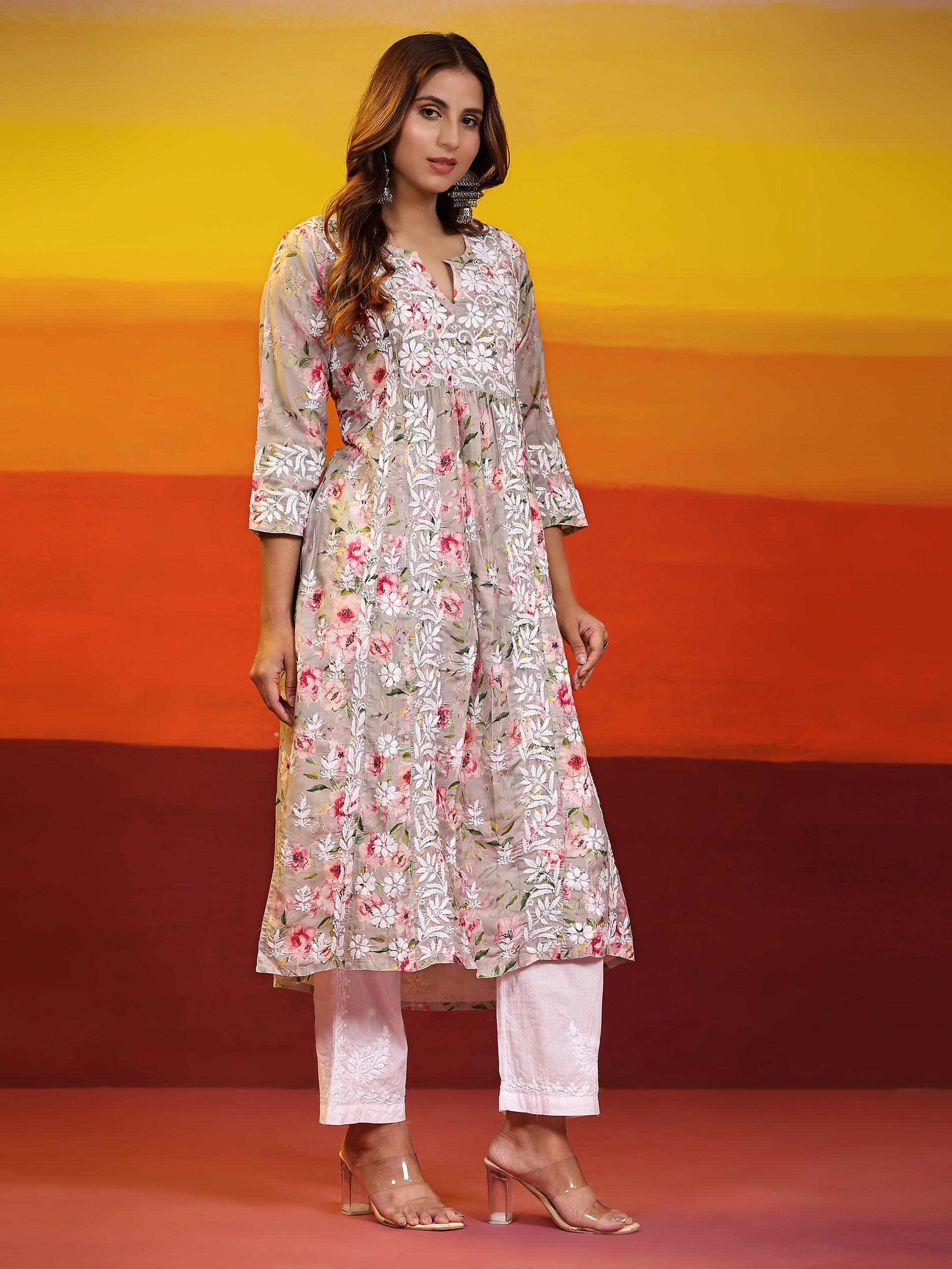 Fizaa Chikankari Long Kurta in Muslin Cotton for Women- Grey Print - House Of Kari (Chikankari Clothing)