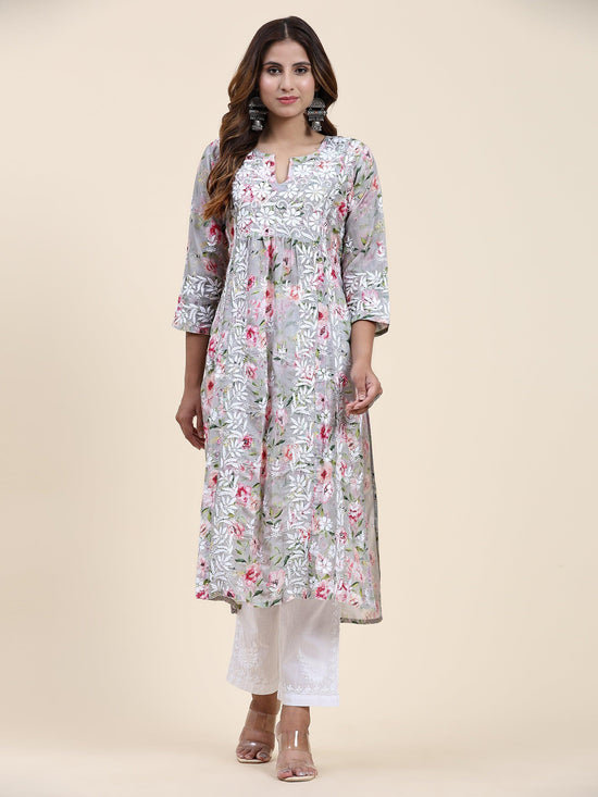 Fizaa Chikankari Long Kurta in Muslin Cotton for Women- Grey Print - House Of Kari (Chikankari Clothing)