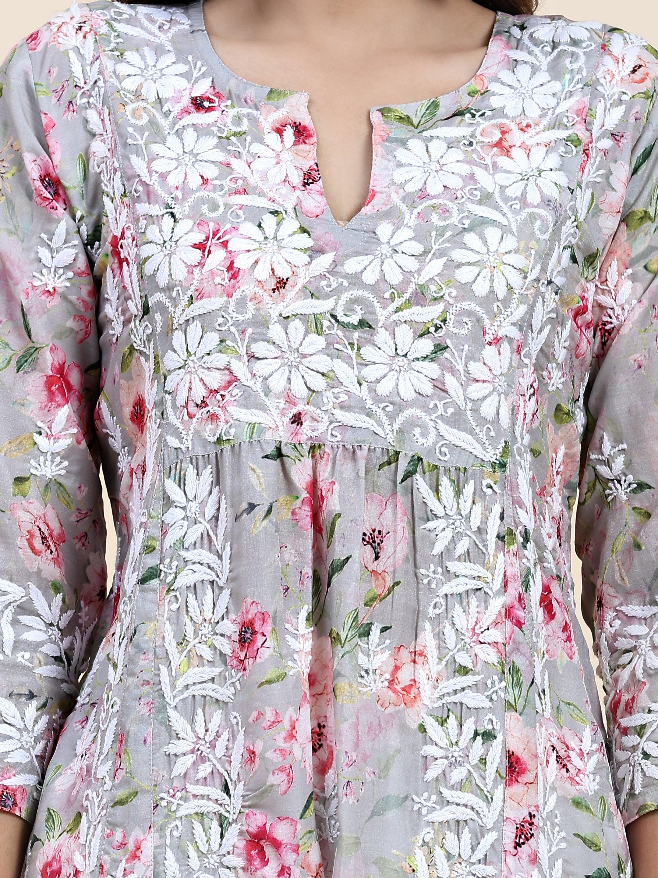 Urmi in Fizaa Chikankari Long Kurta in Muslin Cotton for Women- Grey Print - House Of Kari (Chikankari Clothing)