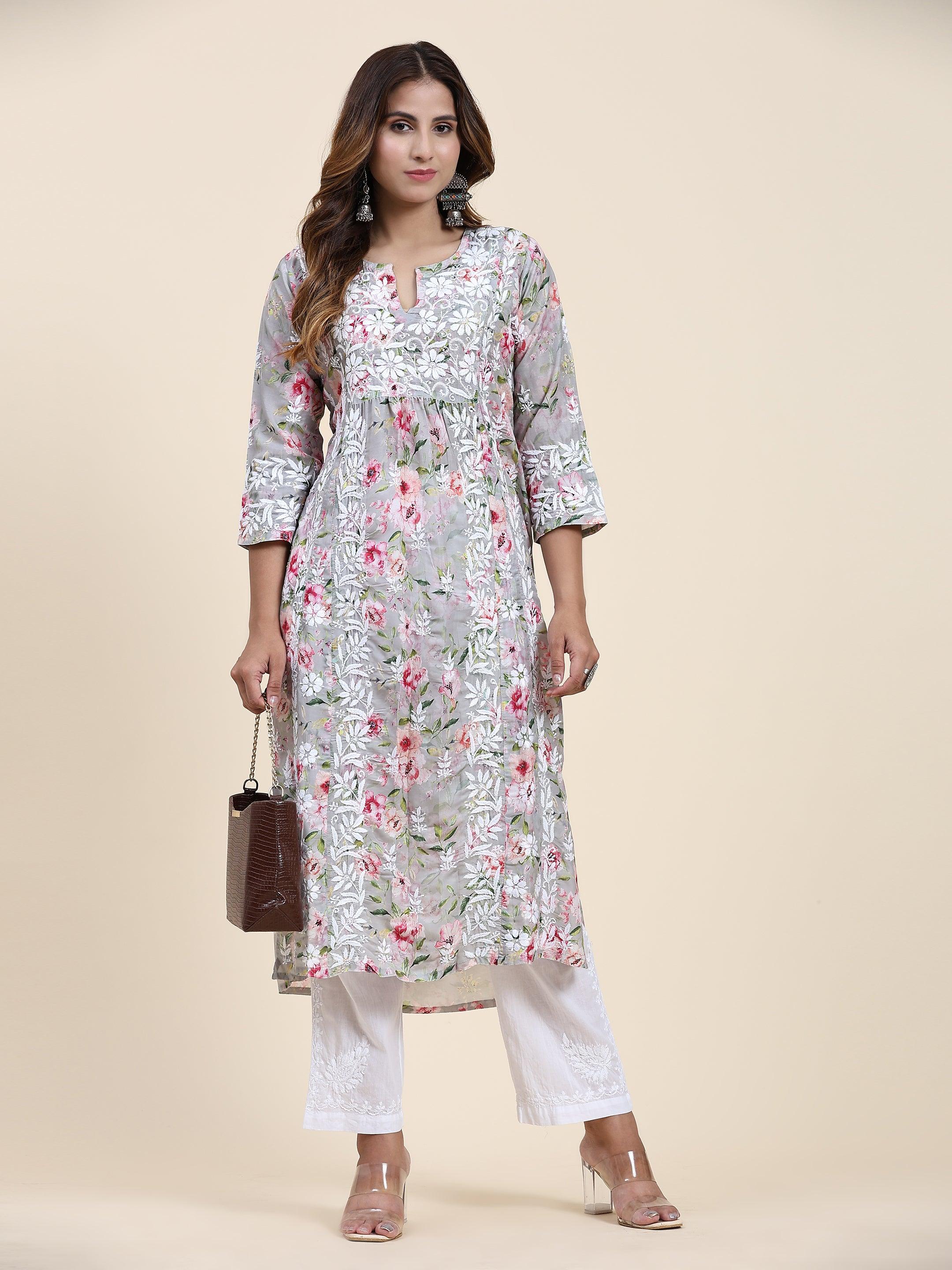 Fizaa Chikankari Long Kurta in Muslin Cotton for Women- Grey Print - House Of Kari (Chikankari Clothing)