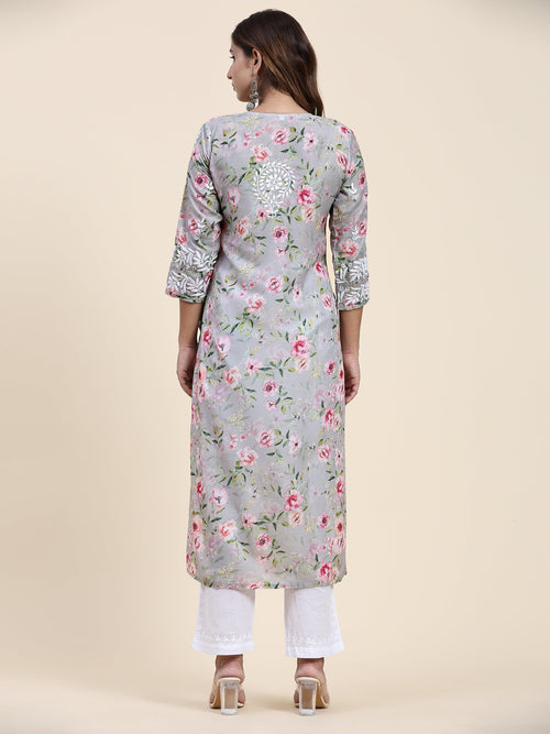 Fizaa Chikankari Long Kurta in Muslin Cotton for Women- Grey Print - House Of Kari (Chikankari Clothing)