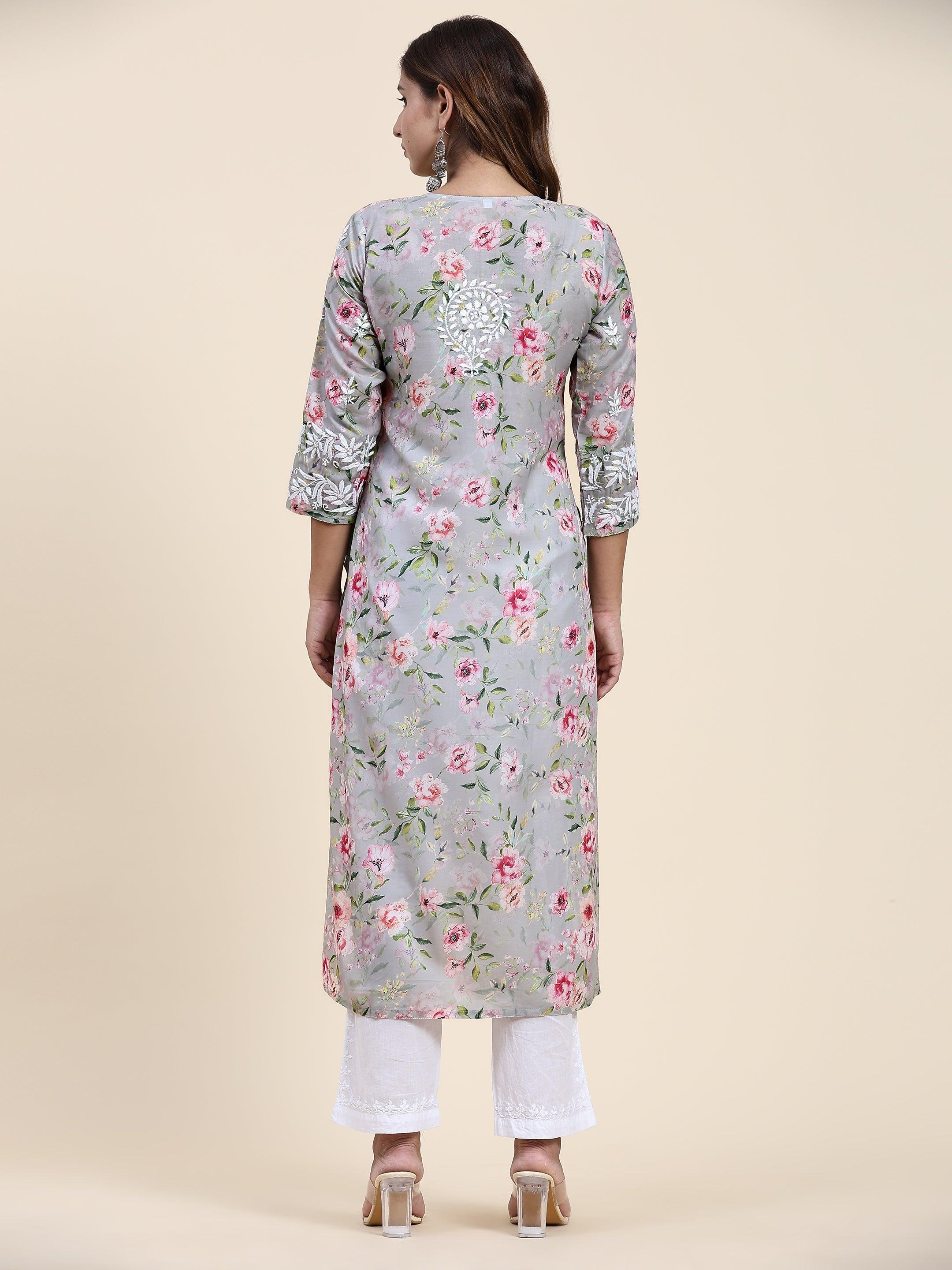 Urmi in Fizaa Chikankari Long Kurta in Muslin Cotton for Women- Grey Print - House Of Kari (Chikankari Clothing)
