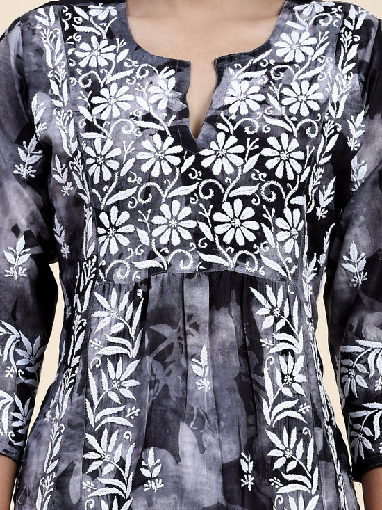 Fizaa Chikankari Long Kurta in Muslin Cotton for Women- Black Shade Print - House Of Kari (Chikankari Clothing)