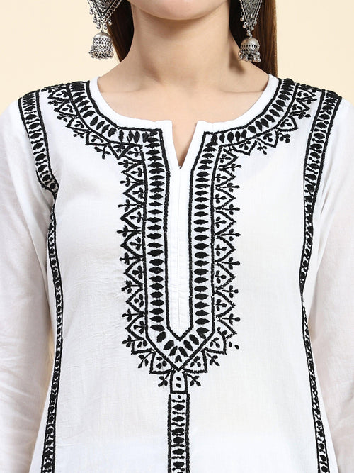Jiya in HOK Chikankari Long Kurti In Cotton for Women- White With Black - House Of Kari (Chikankari Clothing)