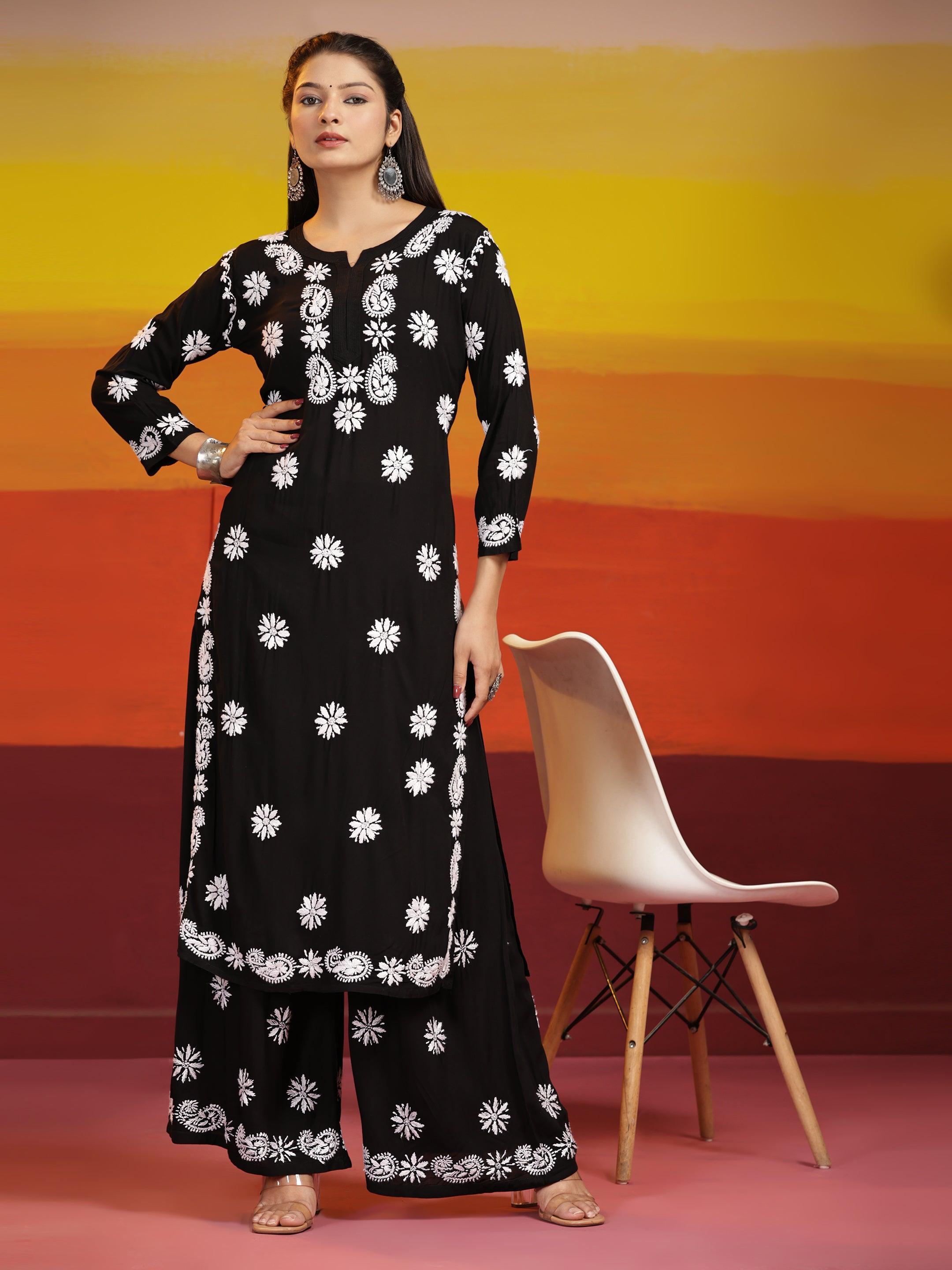 Samma Chikankari CO-ORD Set In Modal Cotton for Women In Black - House Of Kari (Chikankari Clothing)