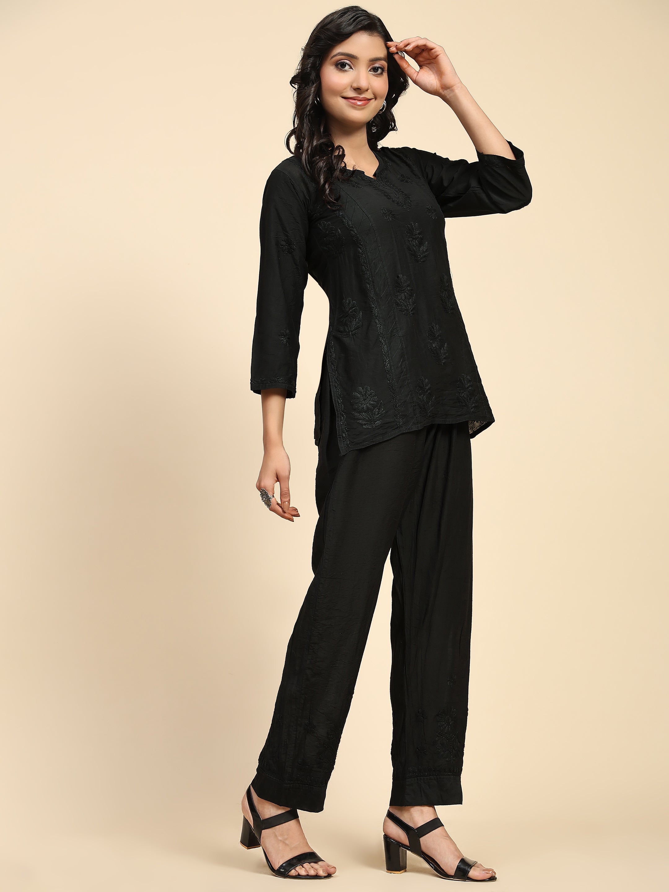 Saba Chikankari Chanderi Silk Kurta Set for Women - Black