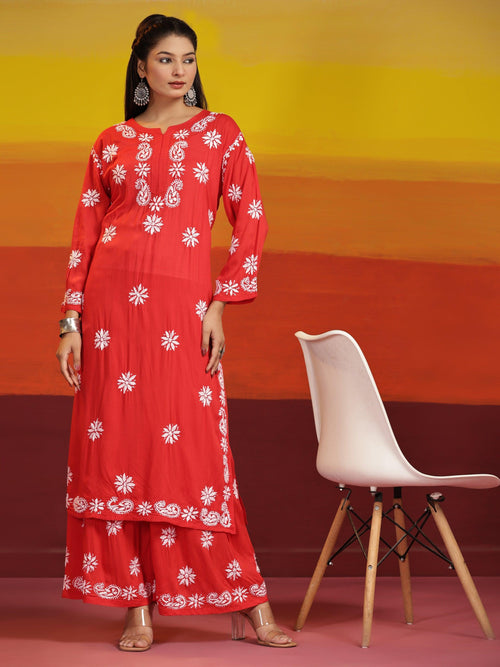 Samma Chikankari CO-ORD Set In Modal Cotton for Women In RED - House Of Kari (Chikankari Clothing)