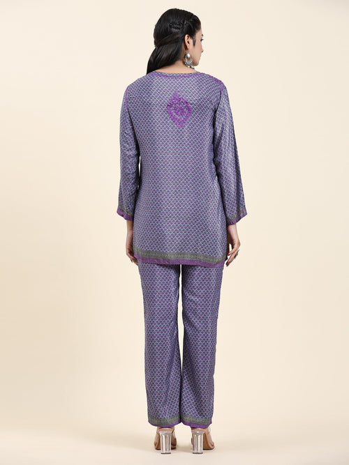 Samma Chikankari Co-ord Set in Polysilk for Women- Purple - House Of Kari (Chikankari Clothing)