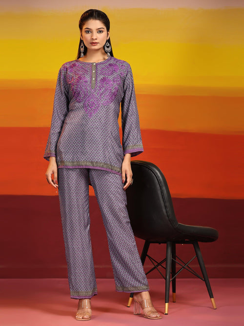Samma Chikankari Co-ord Set in Polysilk for Women- Purple - House Of Kari (Chikankari Clothing)