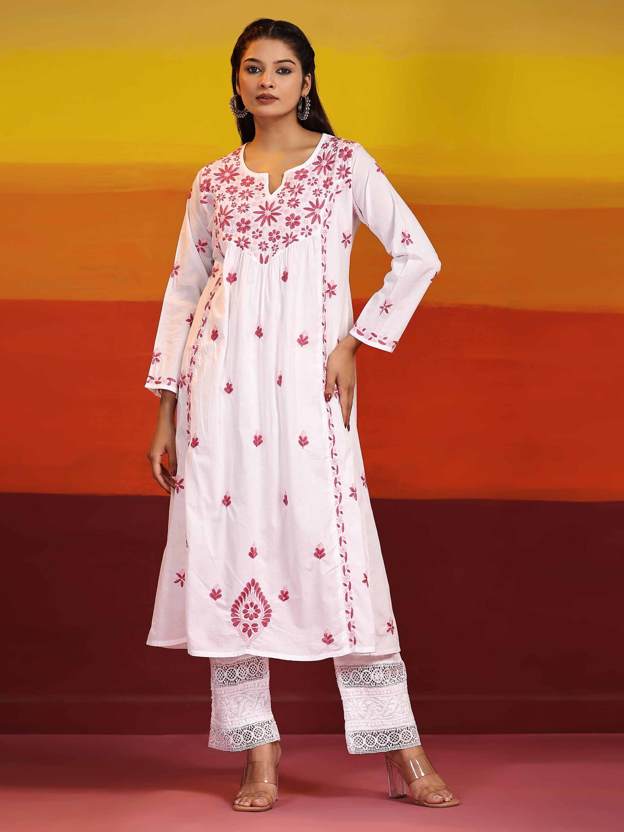 Fizaa Chikankari Long Kurta in Cotton for Women - White With Pink - House Of Kari (Chikankari Clothing)