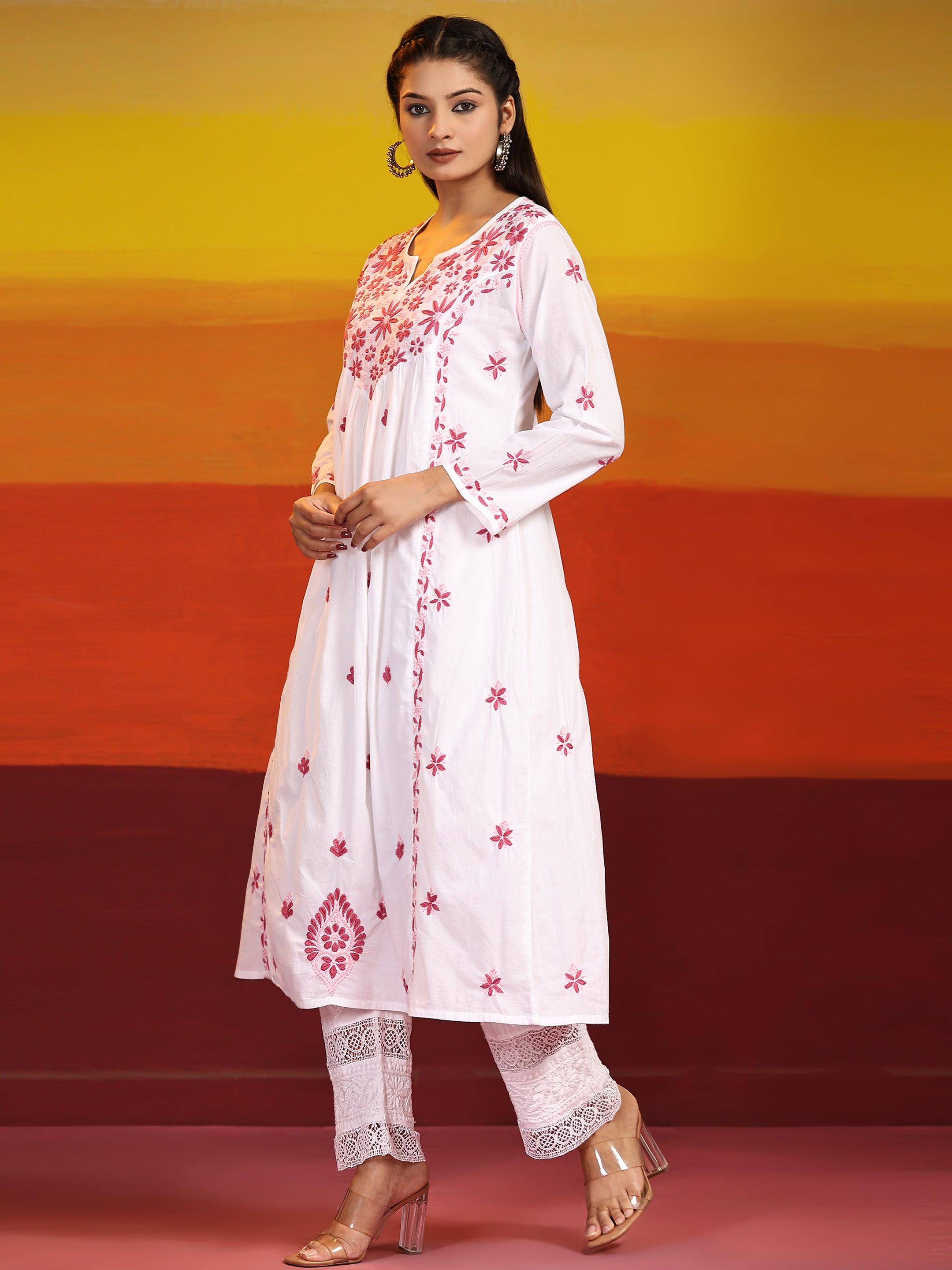 Fizaa Chikankari Long Kurta in Cotton for Women - White With Pink - House Of Kari (Chikankari Clothing)