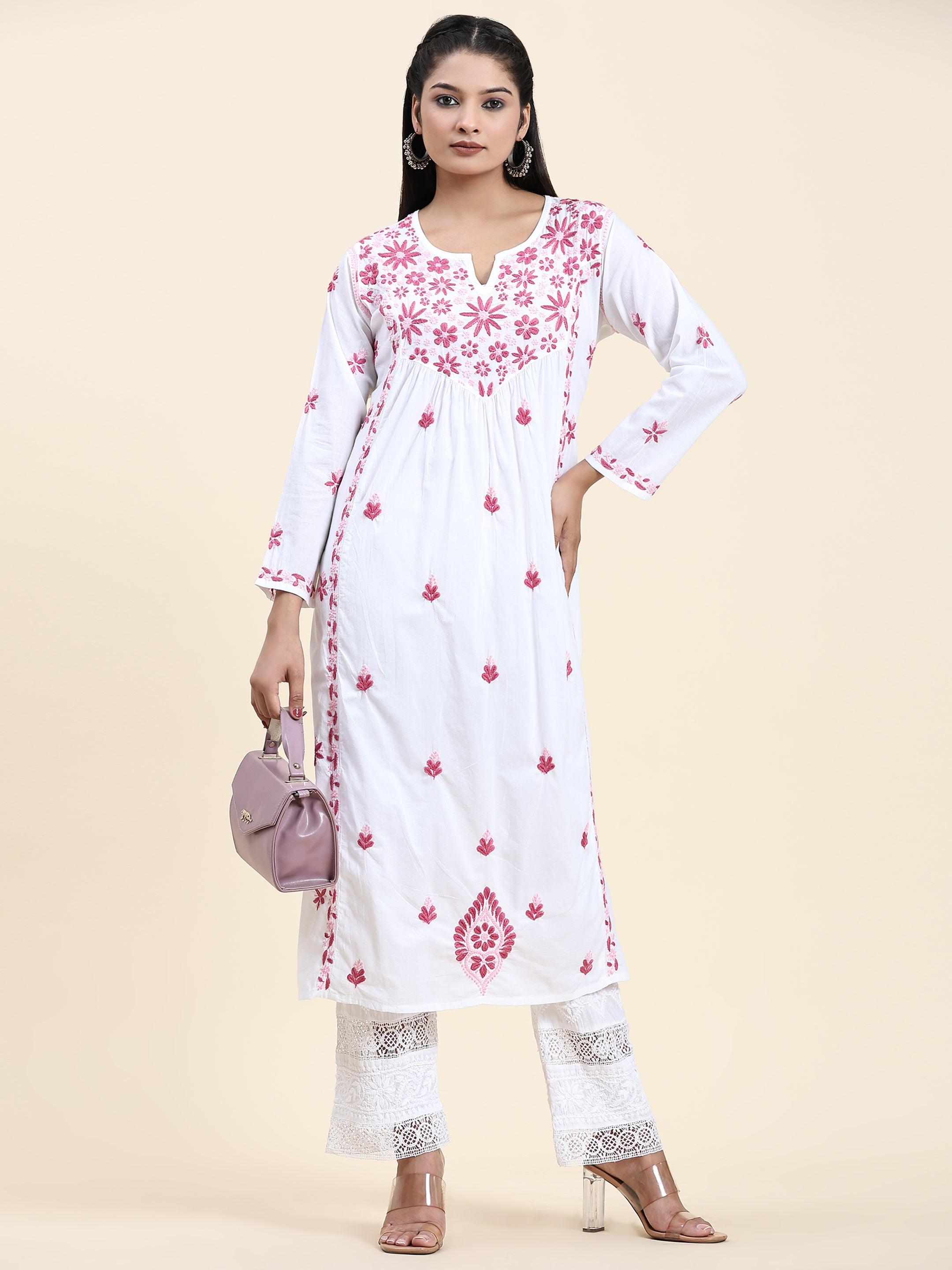 Fizaa Chikankari Long Kurta in Cotton for Women - White With Pink - House Of Kari (Chikankari Clothing)