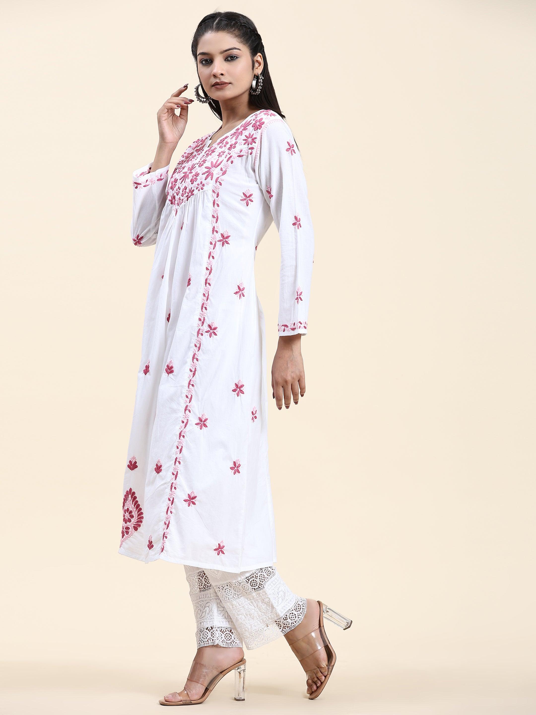 Fizaa Chikankari Long Kurta in Cotton for Women - White With Pink - House Of Kari (Chikankari Clothing)