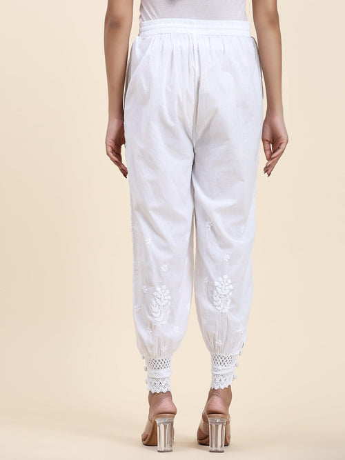 Samma House Of Kari Chikankari Embroidered Cotton White Relaxed Pants-13 - House Of Kari (Chikankari Clothing)
