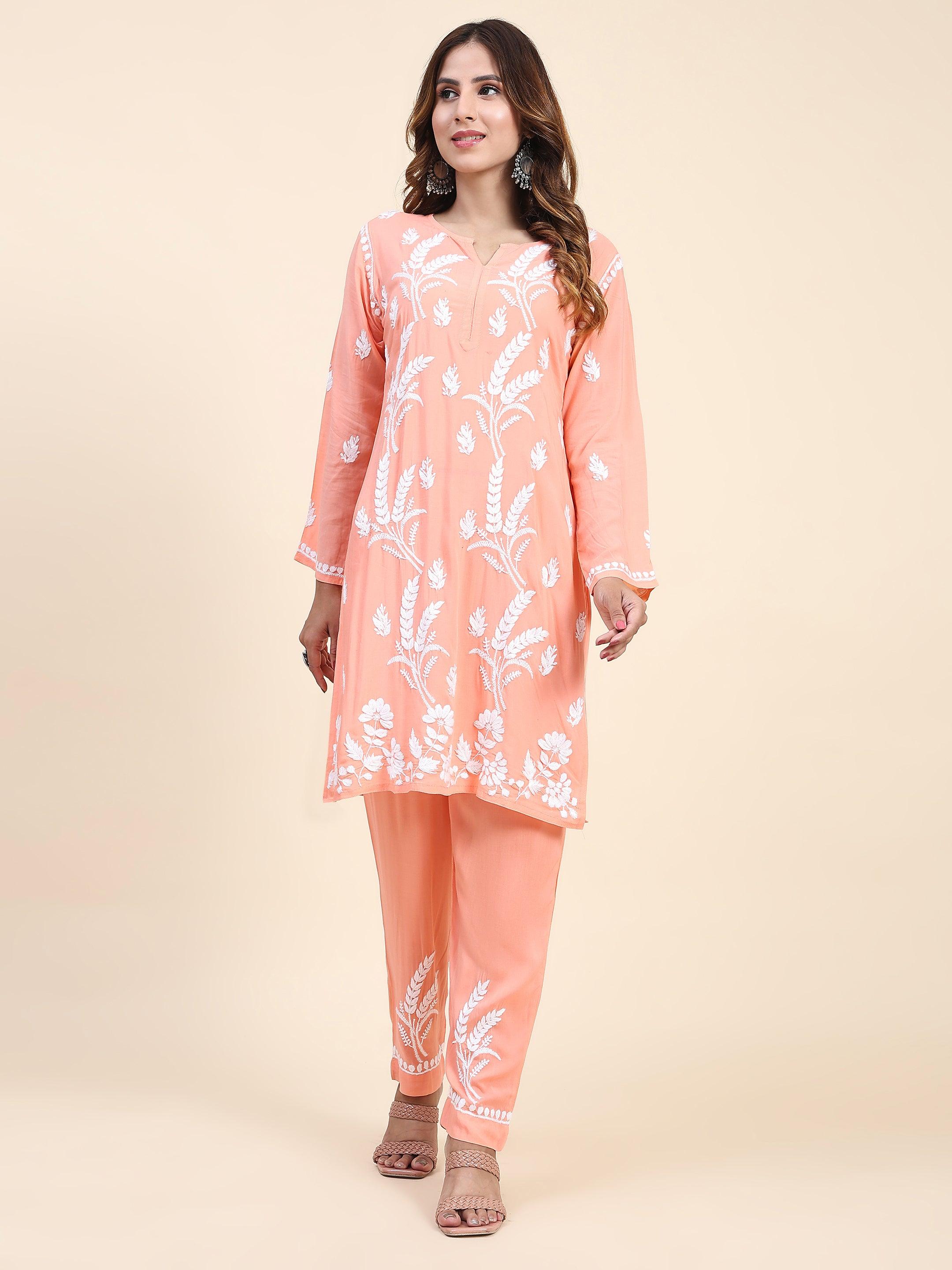 Fizaa Chikankari Short Modal Kurta Set - Peach - House Of Kari (Chikankari Clothing)