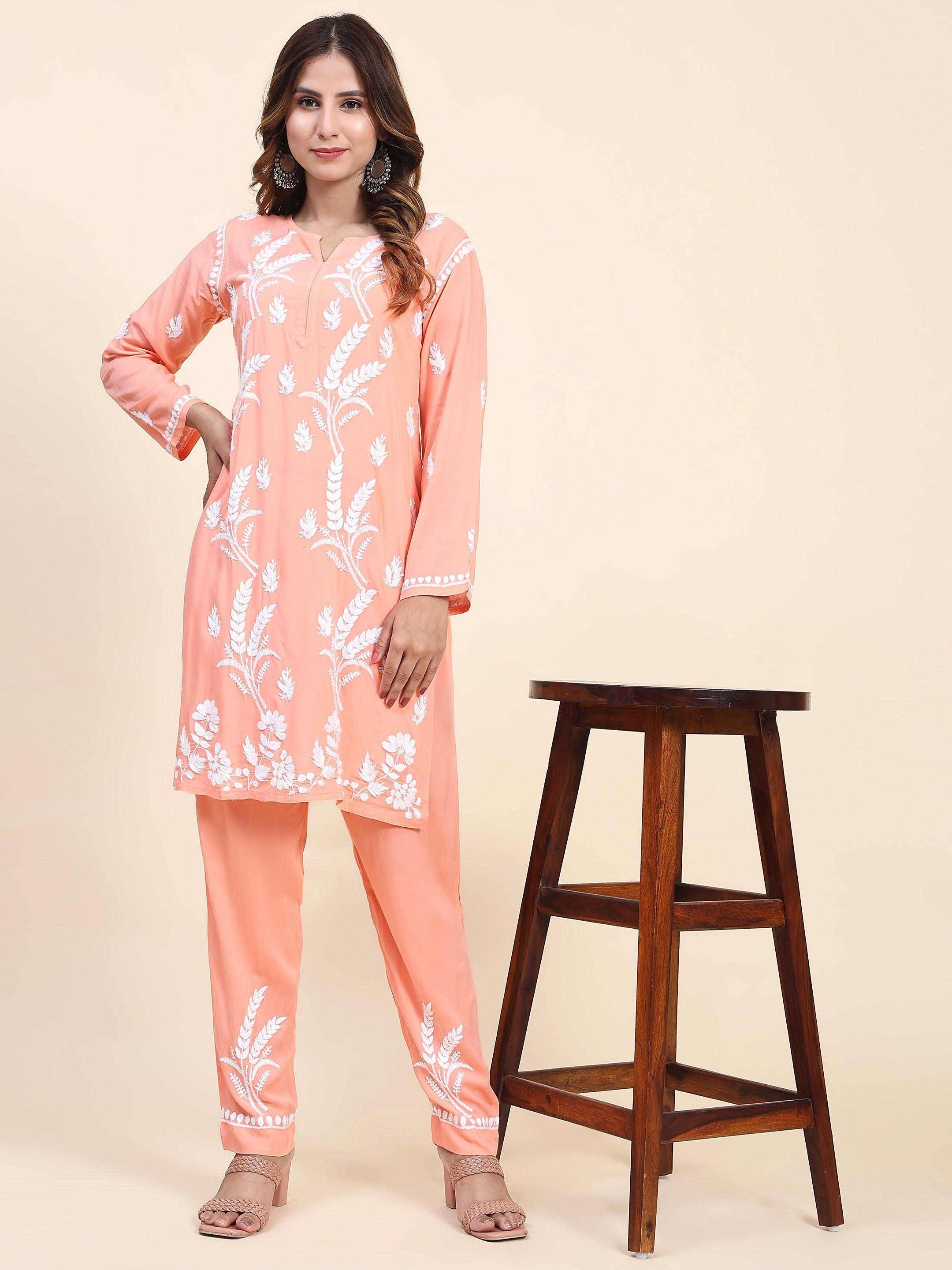 Fizaa Chikankari Short Modal Kurta Set - Peach - House Of Kari (Chikankari Clothing)