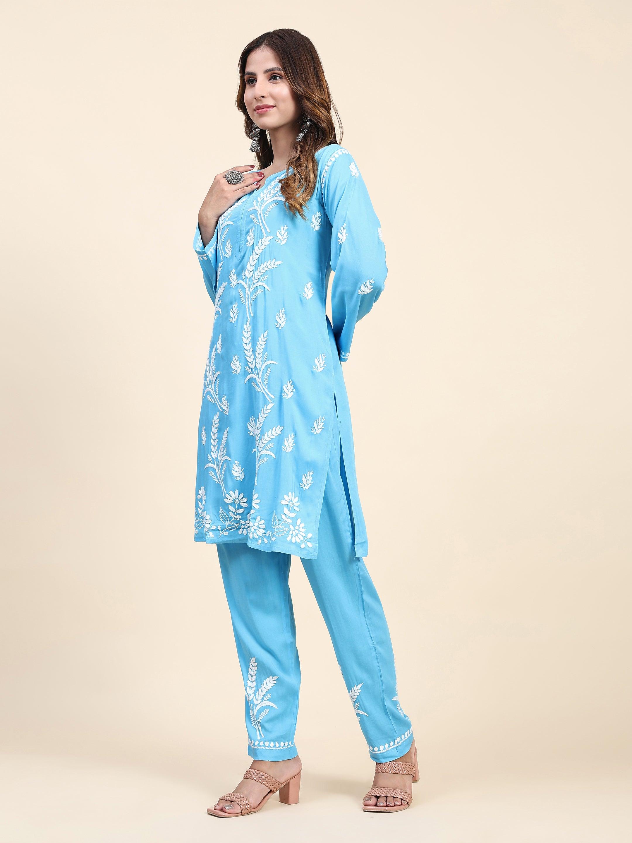 Fizaa Chikankari Short Modal Kurta Set - Blue - House Of Kari (Chikankari Clothing)