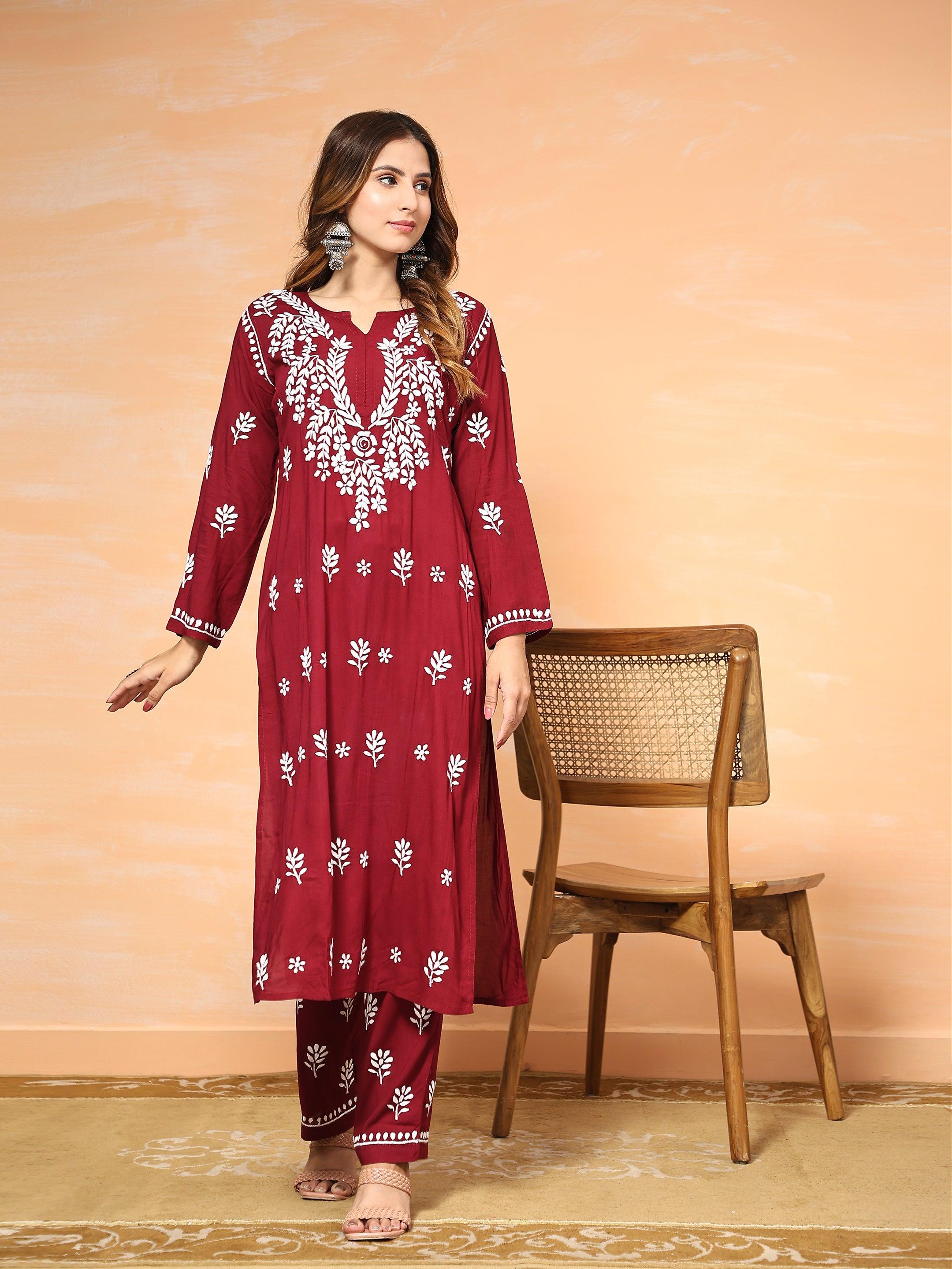 Fizaa Chikankari Long Modal Kurta Set - Maroon - House Of Kari (Chikankari Clothing)