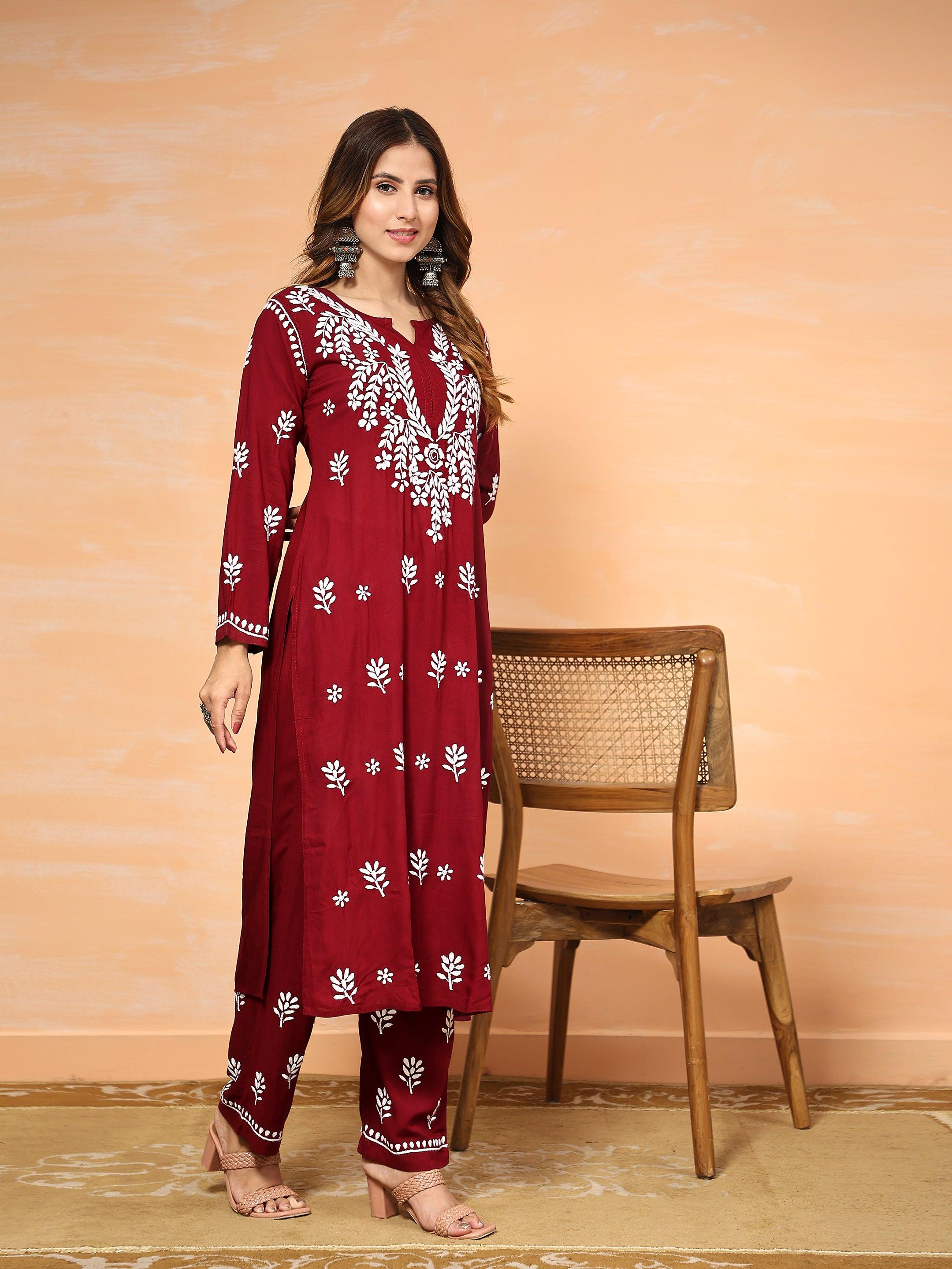 Fizaa Chikankari Long Modal Kurta Set - Maroon - House Of Kari (Chikankari Clothing)
