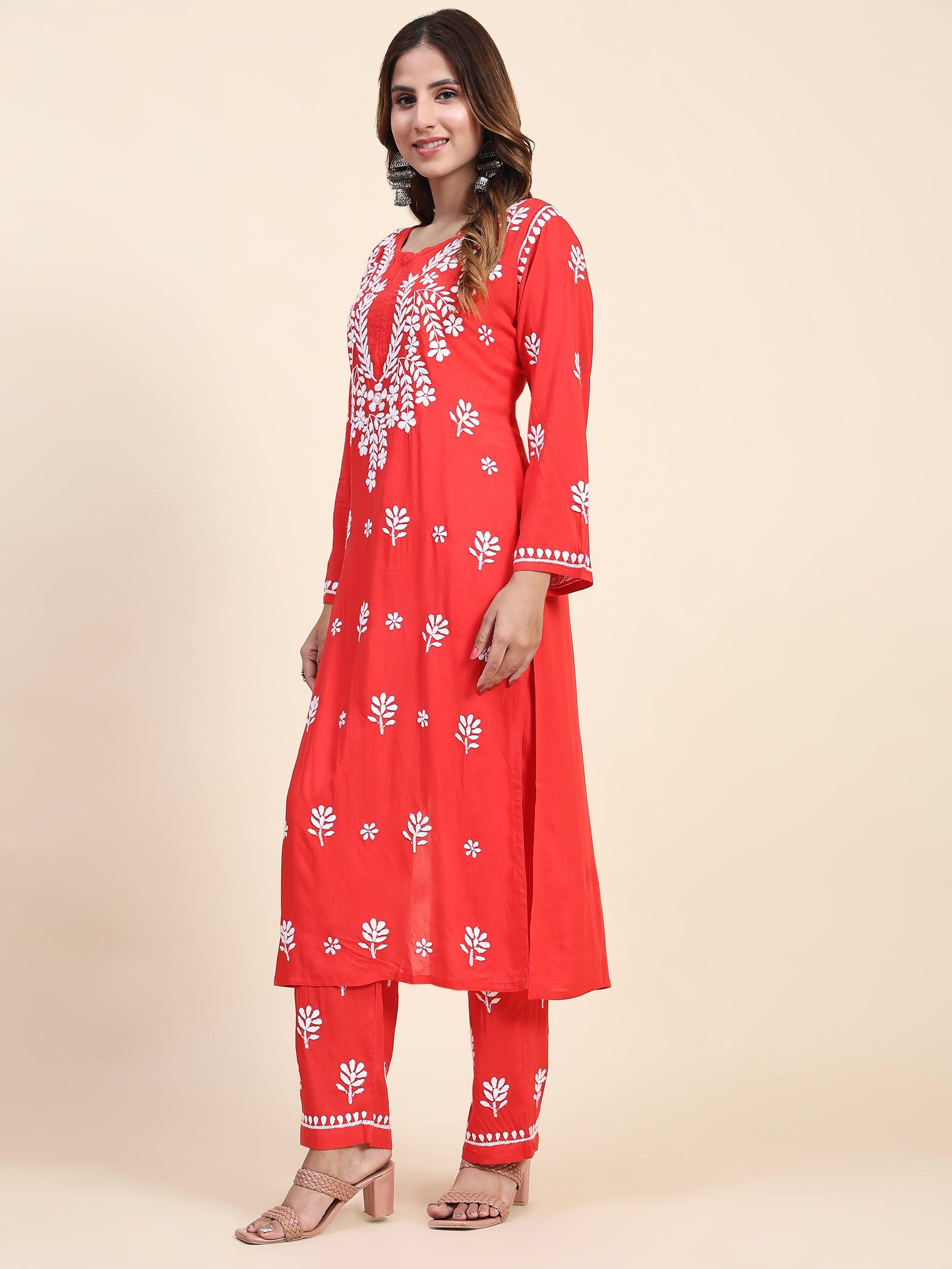 Fizaa Chikankari Long Modal Kurta Set - RED - House Of Kari (Chikankari Clothing)