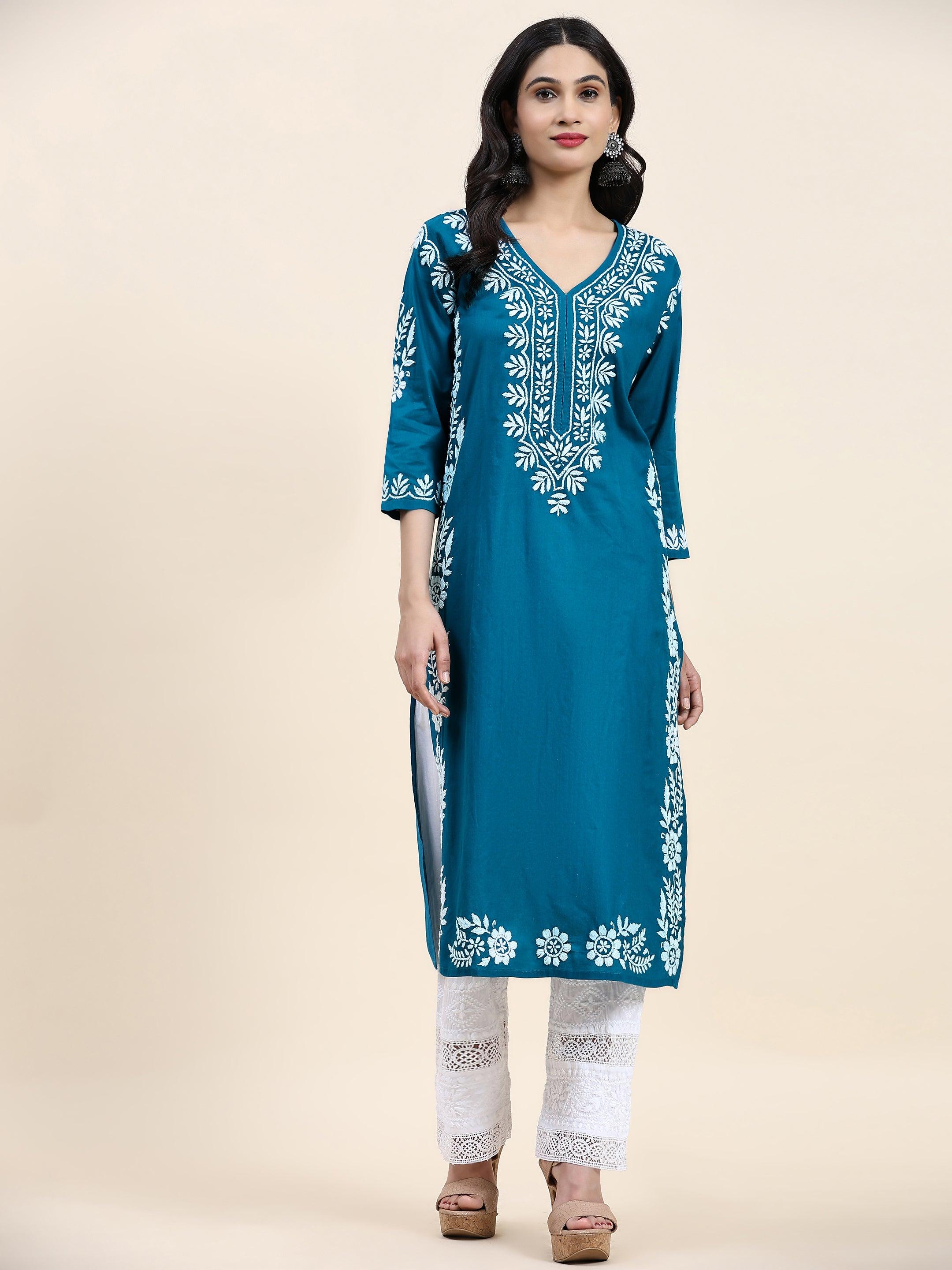 Samma Chikankari Long Kurta in Cotton for Women- Turquoise Blue - House Of Kari (Chikankari Clothing)