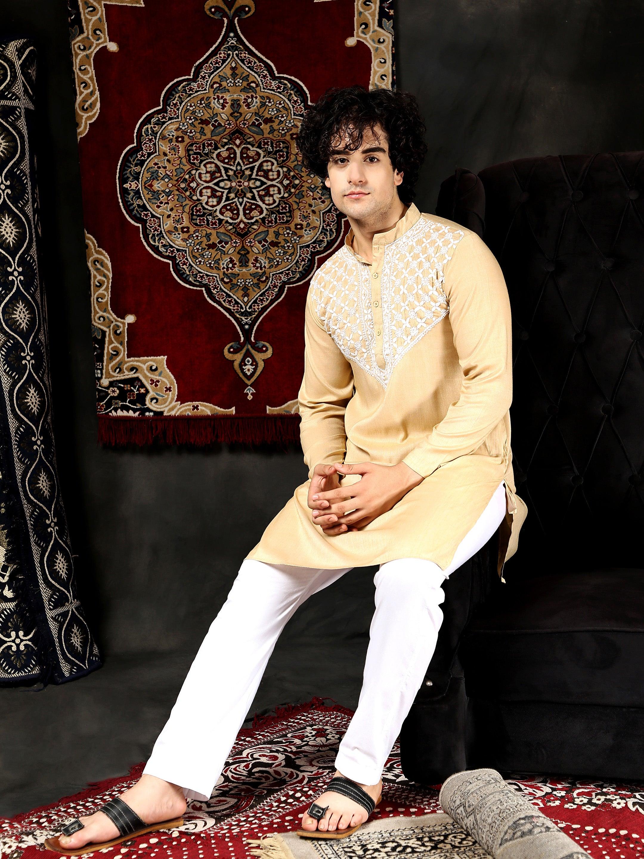 HOK Men's Chikankari Kurta in Cotton Silk Blend - Beige - House Of Kari (Chikankari Clothing)