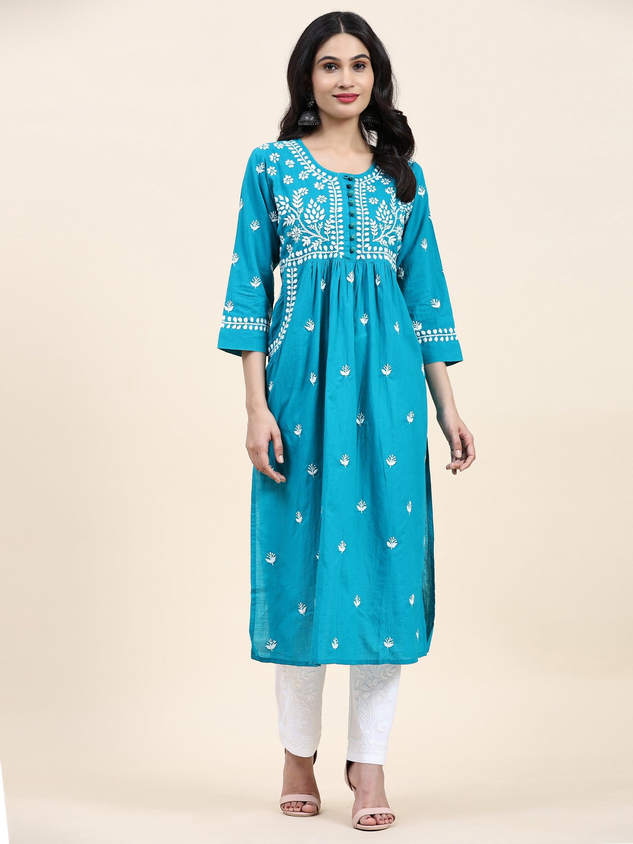 Samma Chikankari Long kurti In Cotton for Women- Sea Green - House Of Kari (Chikankari Clothing)