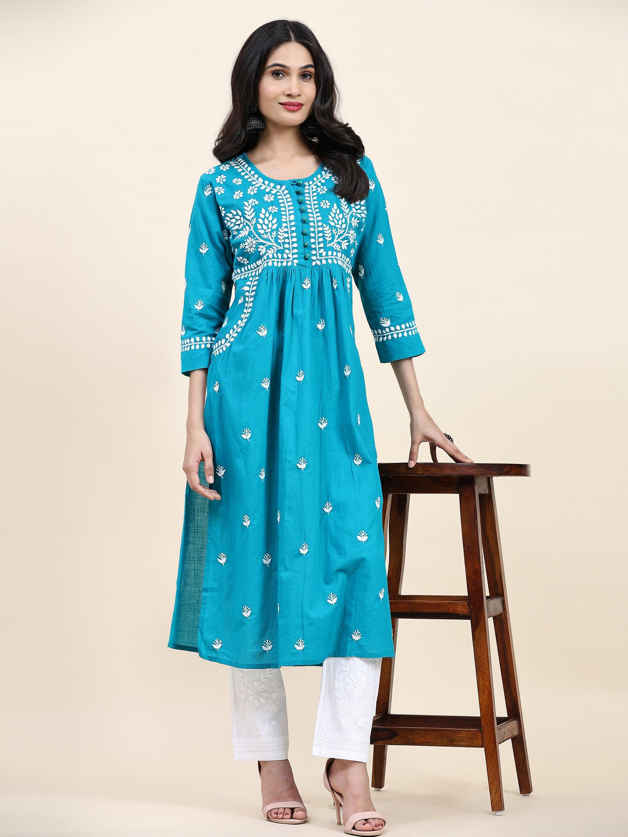 Samma Chikankari Long kurti In Cotton for Women- Sea Green - House Of Kari (Chikankari Clothing)
