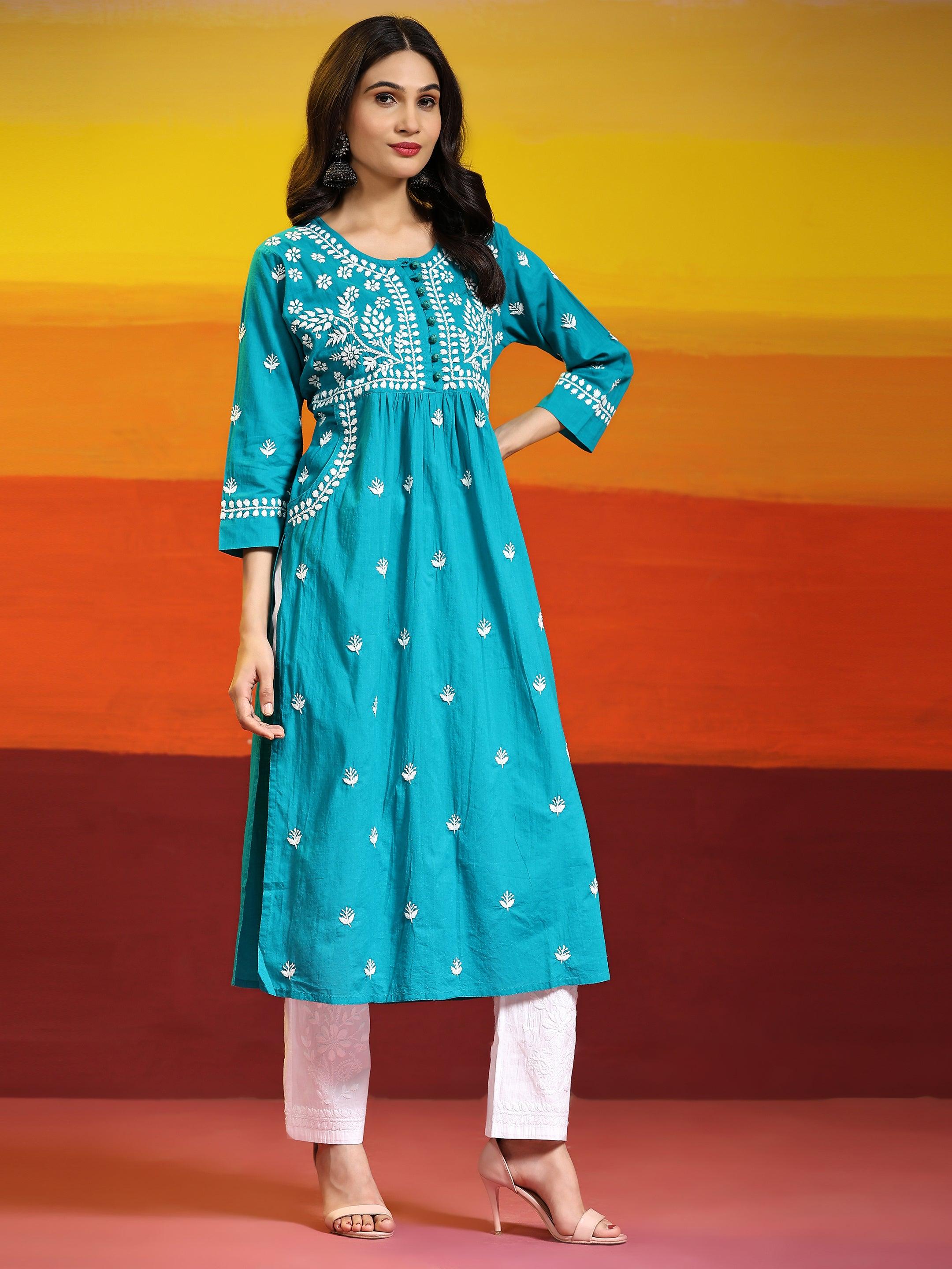 Samma Chikankari Long kurti In Cotton for Women- Sea Green - House Of Kari (Chikankari Clothing)