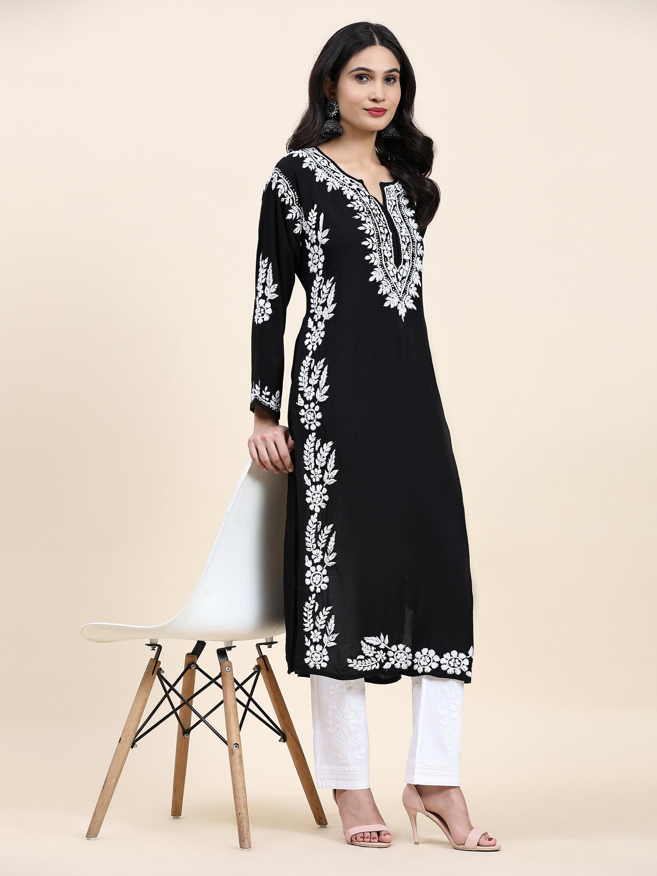 Samma Chikankari Long Kurta in Rayon Cotton for Women- Black - House Of Kari (Chikankari Clothing)