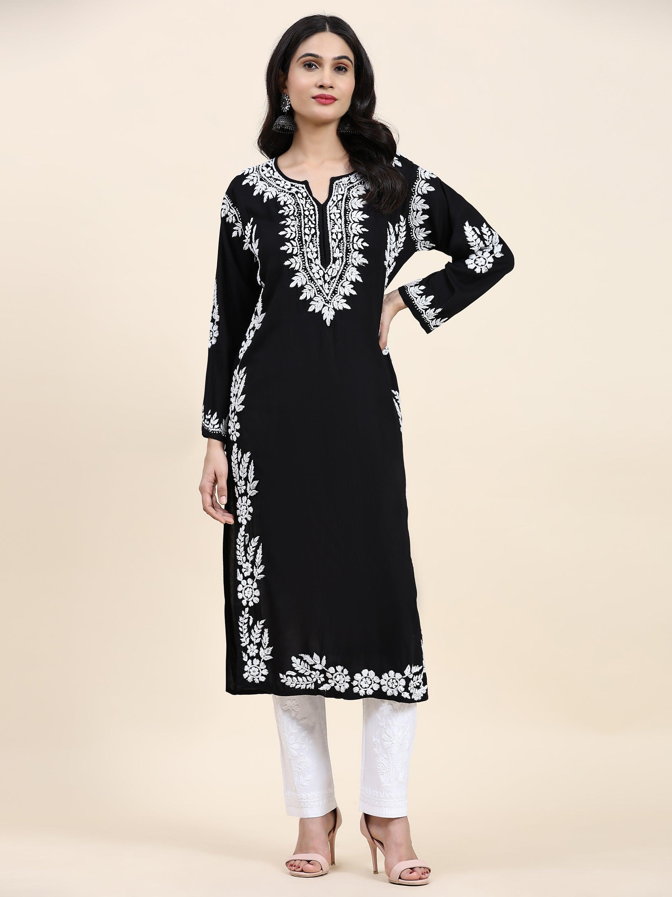 Samma Chikankari Long Kurta in Rayon Cotton for Women- Black - House Of Kari (Chikankari Clothing)