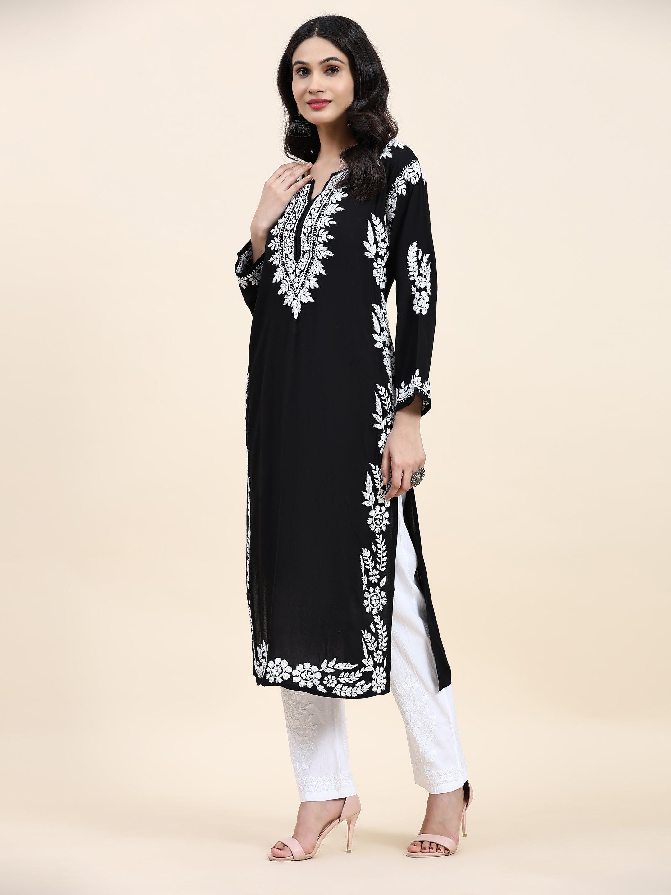 Samma Chikankari Long Kurta in Rayon Cotton for Women- Black - House Of Kari (Chikankari Clothing)