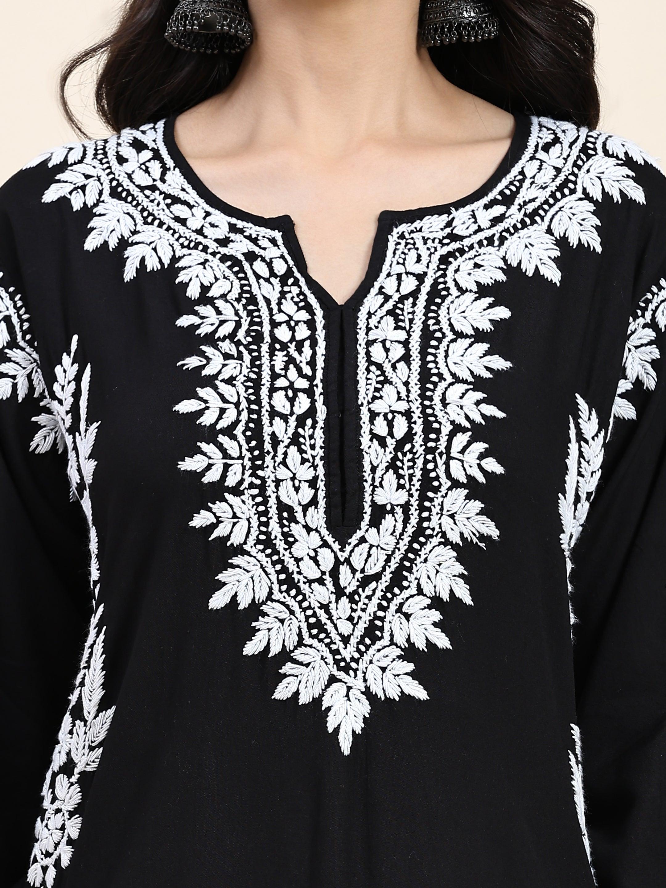 Samma Chikankari Long Kurta in Rayon Cotton for Women- Black - House Of Kari (Chikankari Clothing)