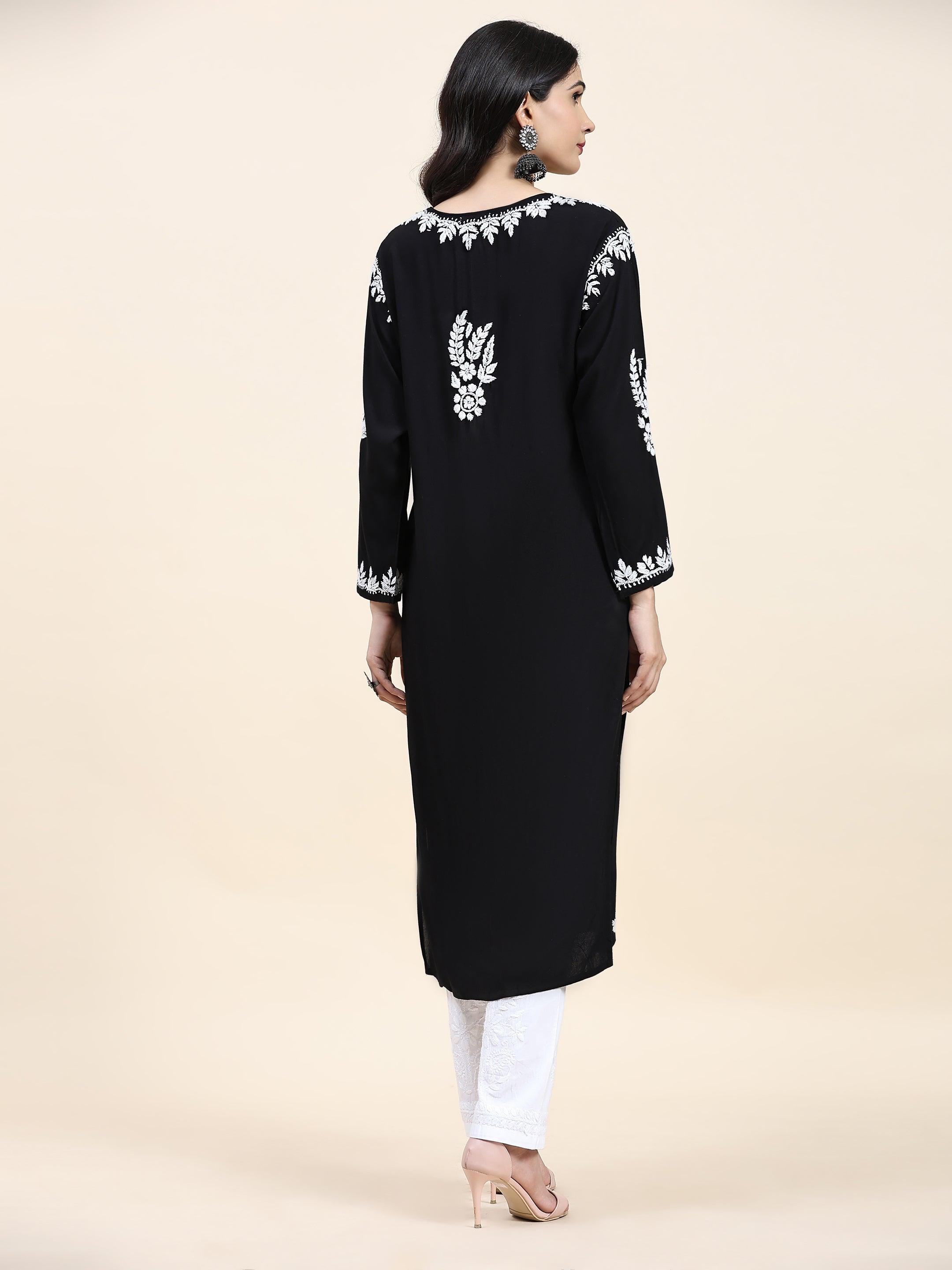 Aditi in HOK Chikankari Long Kurta in Rayon Cotton for Women- Black - House Of Kari (Chikankari Clothing)