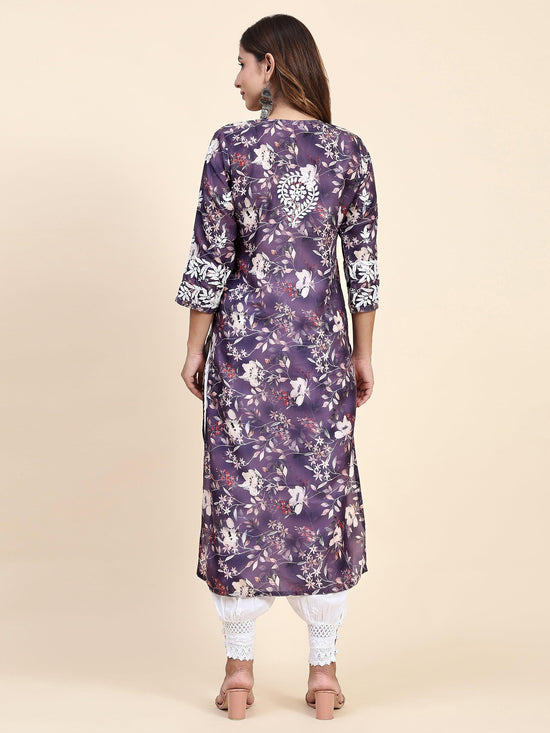 Fizaa Chikankari Long Kurta in Muslin Cotton for Women- Purple Print - House Of Kari (Chikankari Clothing)