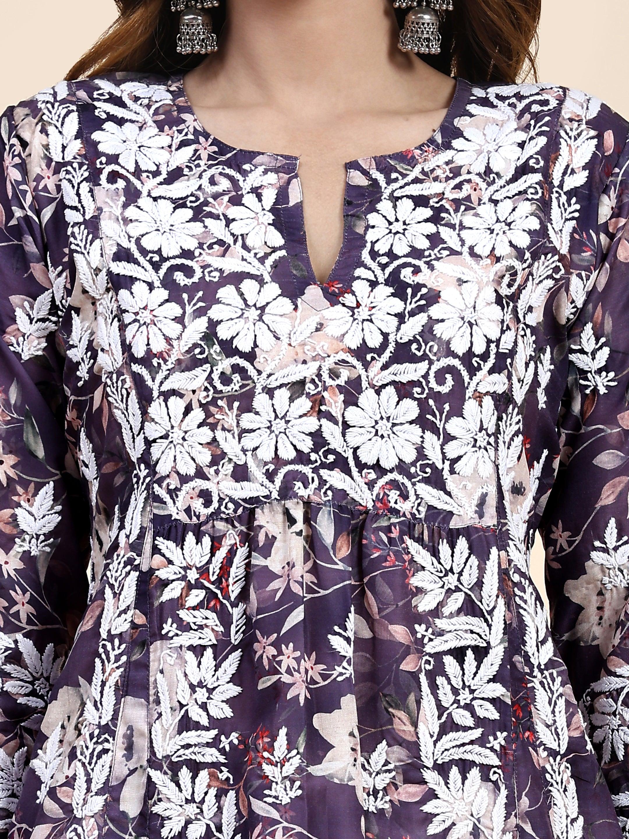 Fizaa Chikankari Long Kurta in Muslin Cotton for Women- Purple Print - House Of Kari (Chikankari Clothing)