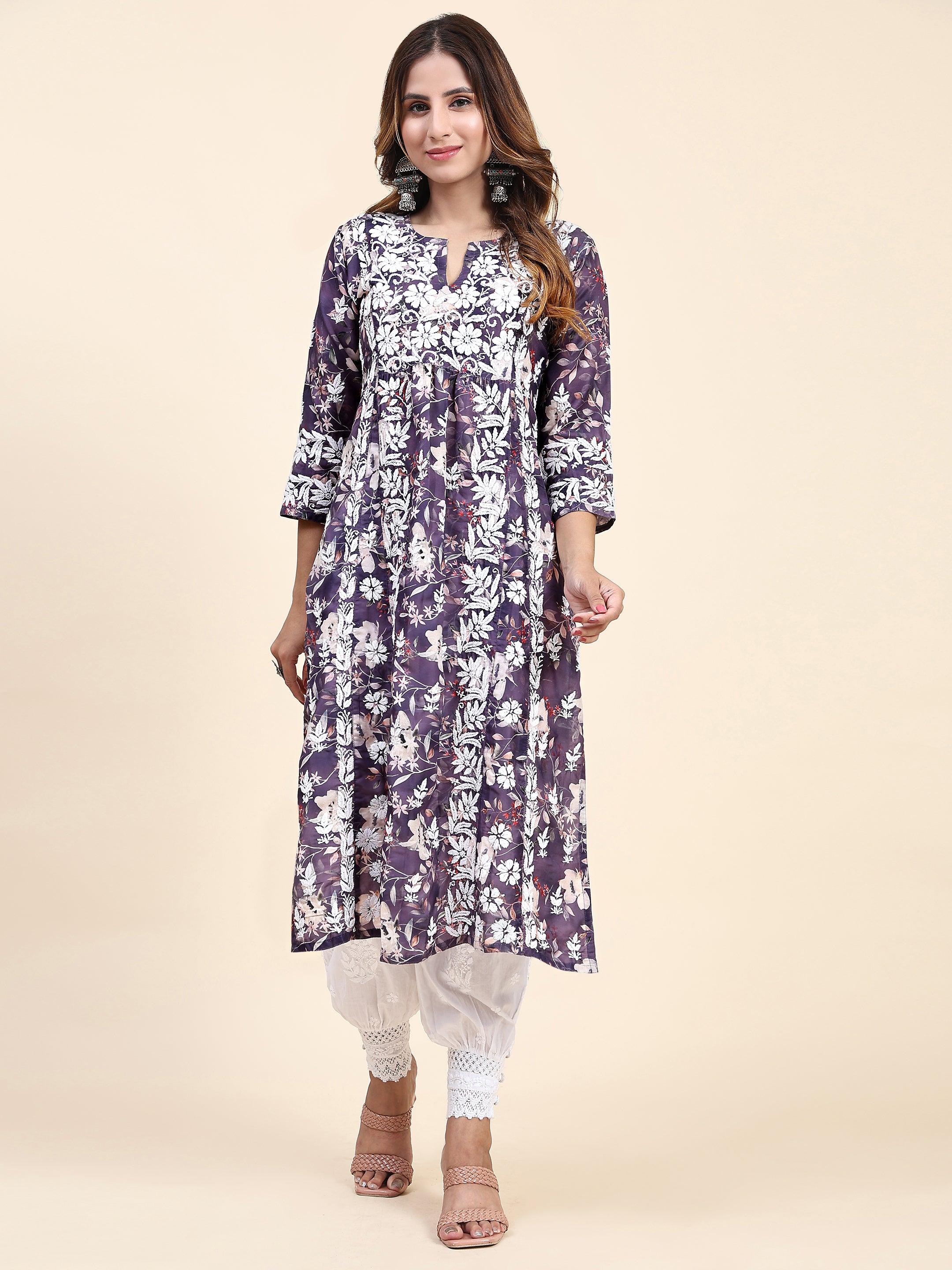 Fizaa Chikankari Long Kurta in Muslin Cotton for Women- Purple Print - House Of Kari (Chikankari Clothing)