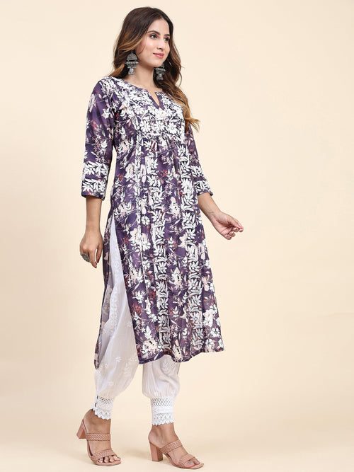 Fizaa Chikankari Long Kurta in Muslin Cotton for Women- Purple Print - House Of Kari (Chikankari Clothing)