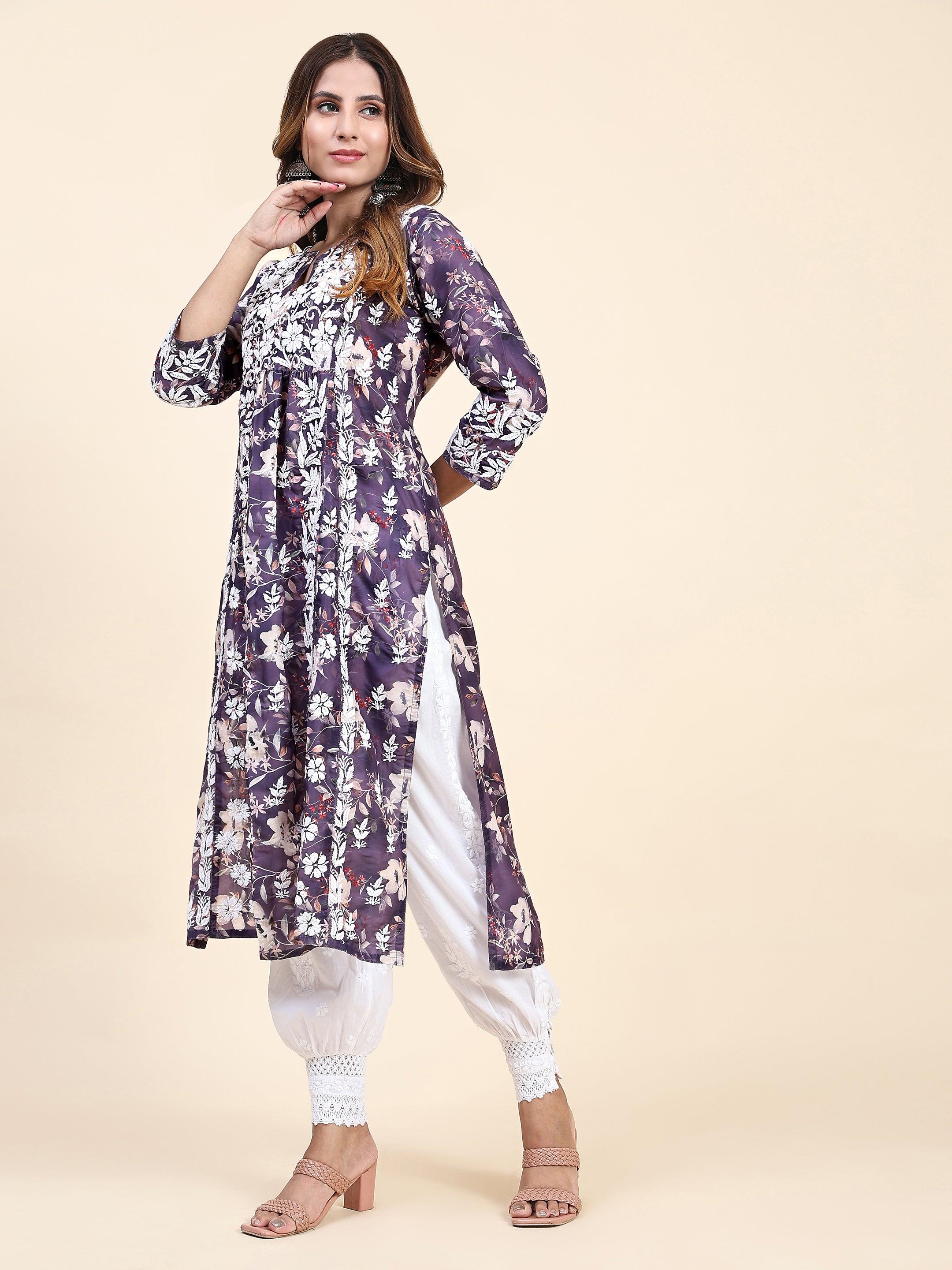 Fizaa Chikankari Long Kurta in Muslin Cotton for Women- Purple Print - House Of Kari (Chikankari Clothing)