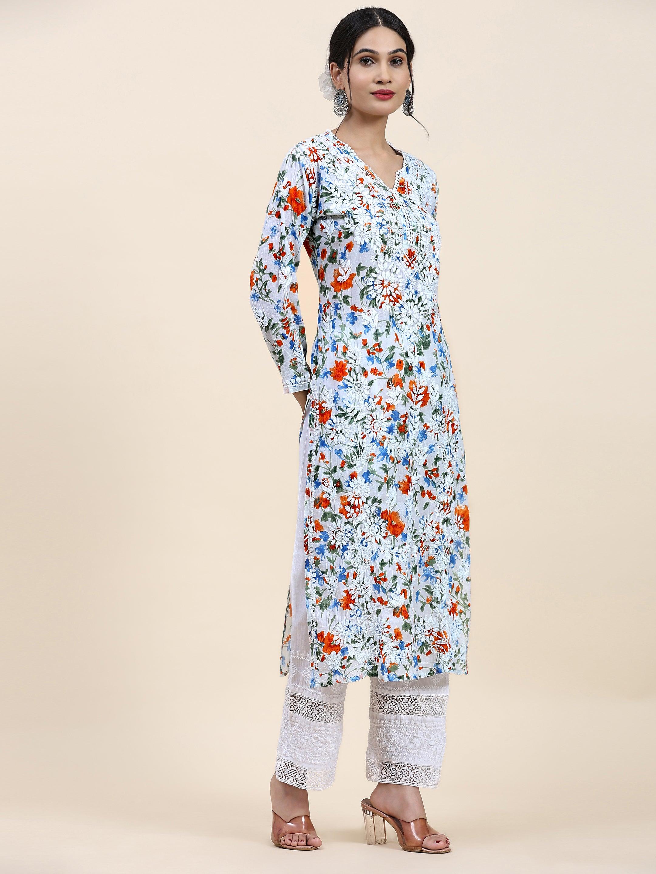 Samma Chikankari Long Kurta in Mul Cotton for Women - Blue with Orange Flower - House Of Kari (Chikankari Clothing)