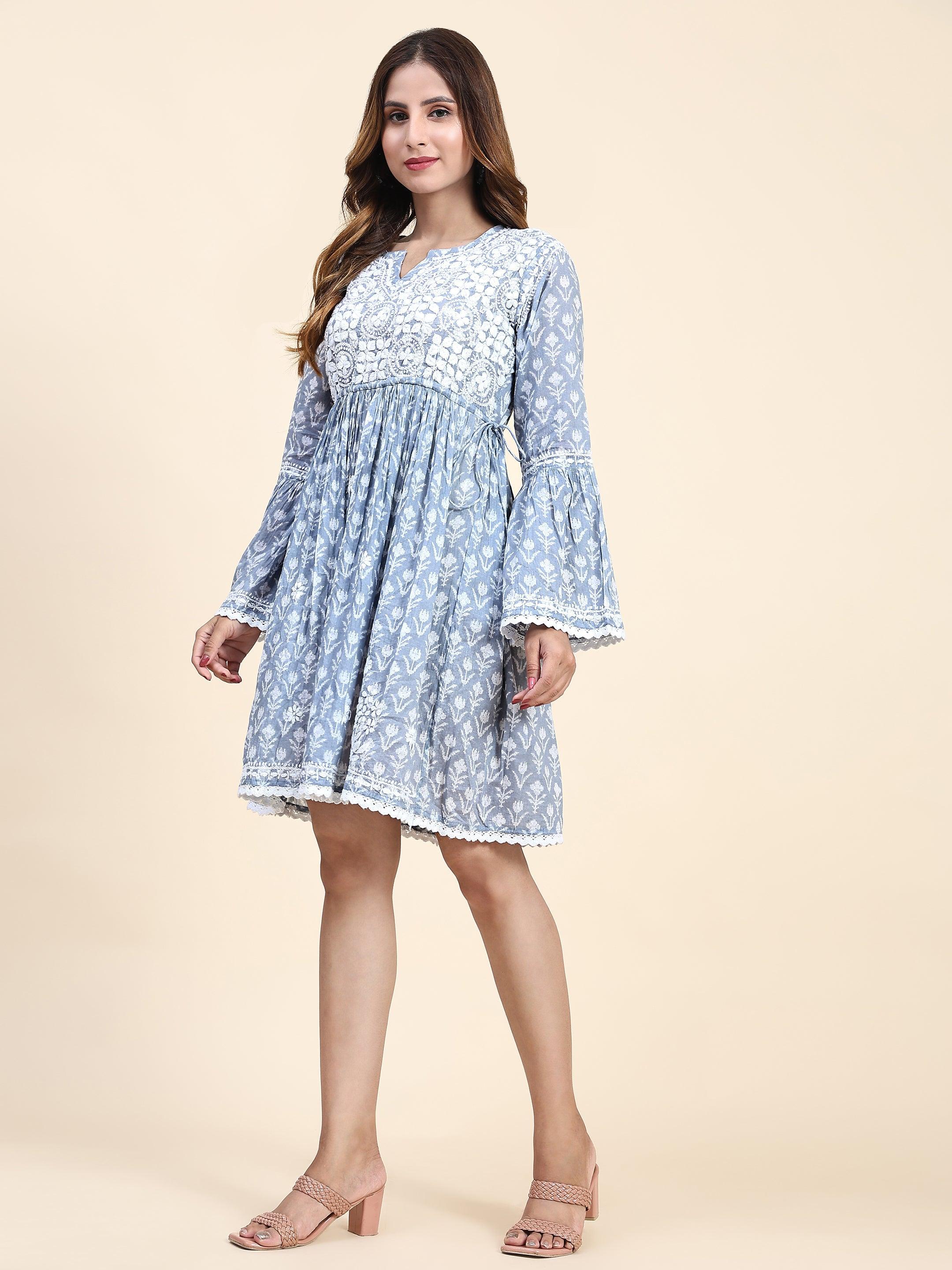 Samma C Chikankari Dress in Mul cotton -Blue - House Of Kari (Chikankari Clothing)